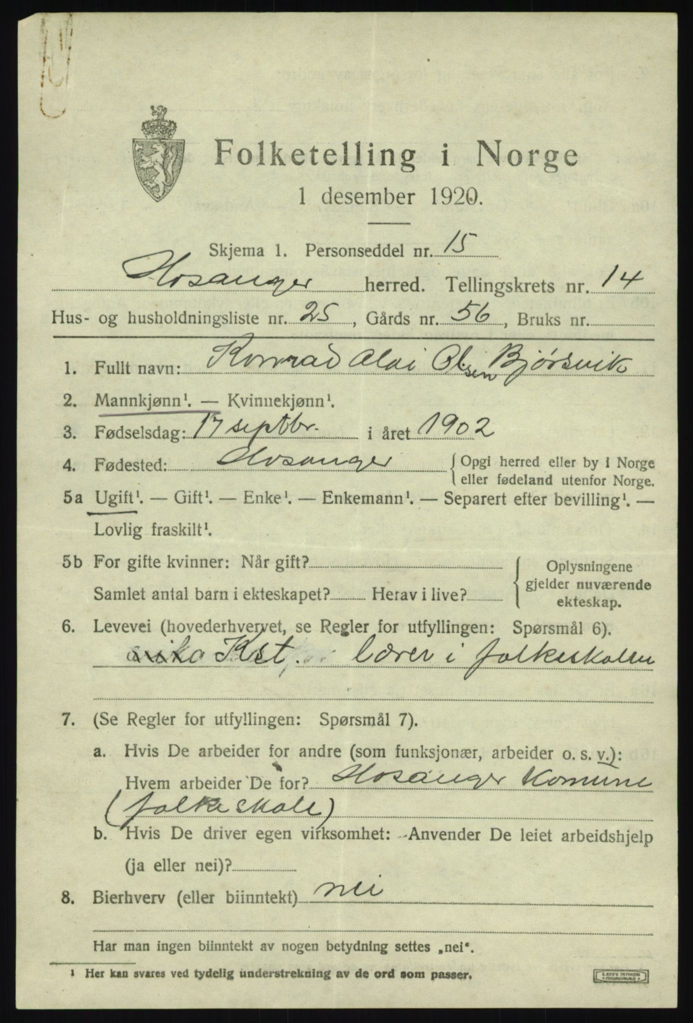 SAB, 1920 census for Hosanger, 1920, p. 5805