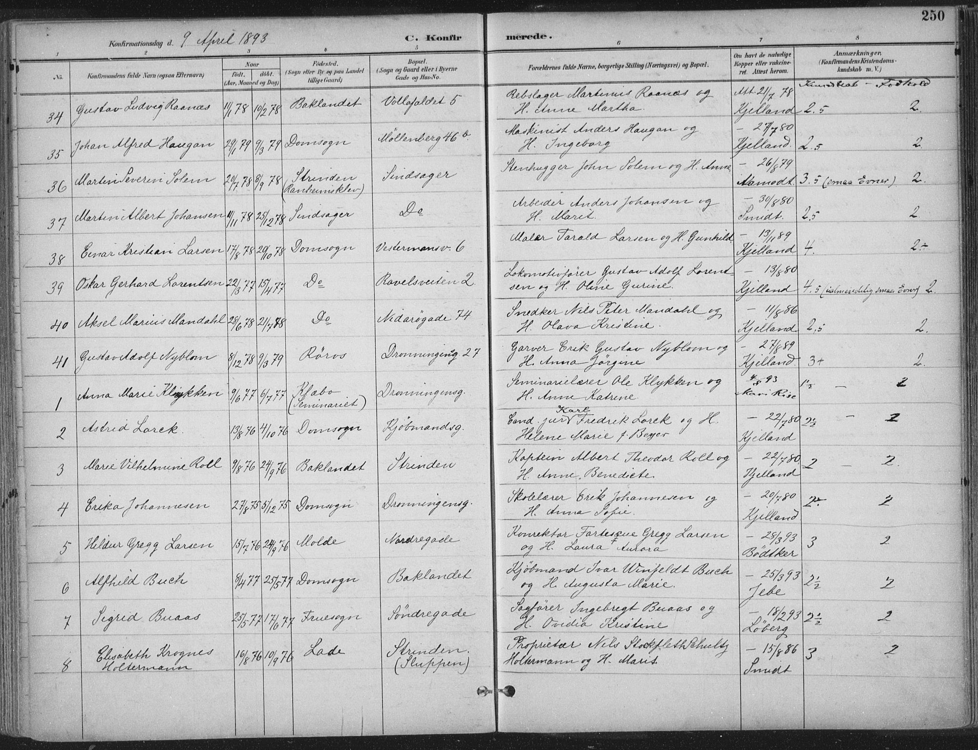 Ministerialprotokoller, klokkerbøker og fødselsregistre - Sør-Trøndelag, SAT/A-1456/601/L0062: Parish register (official) no. 601A30, 1891-1911, p. 250