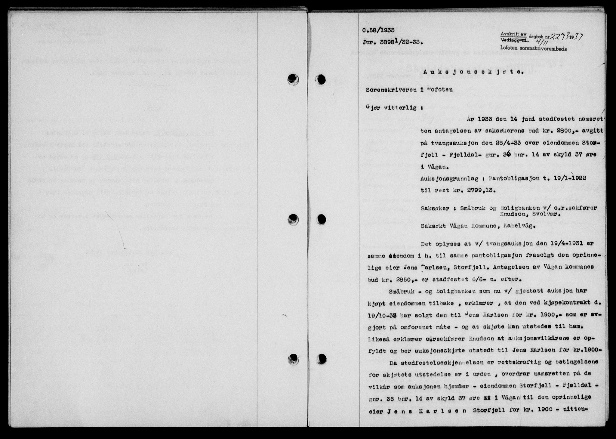 Lofoten sorenskriveri, SAT/A-0017/1/2/2C/L0003a: Mortgage book no. 3a, 1937-1938, Diary no: : 2273/1937
