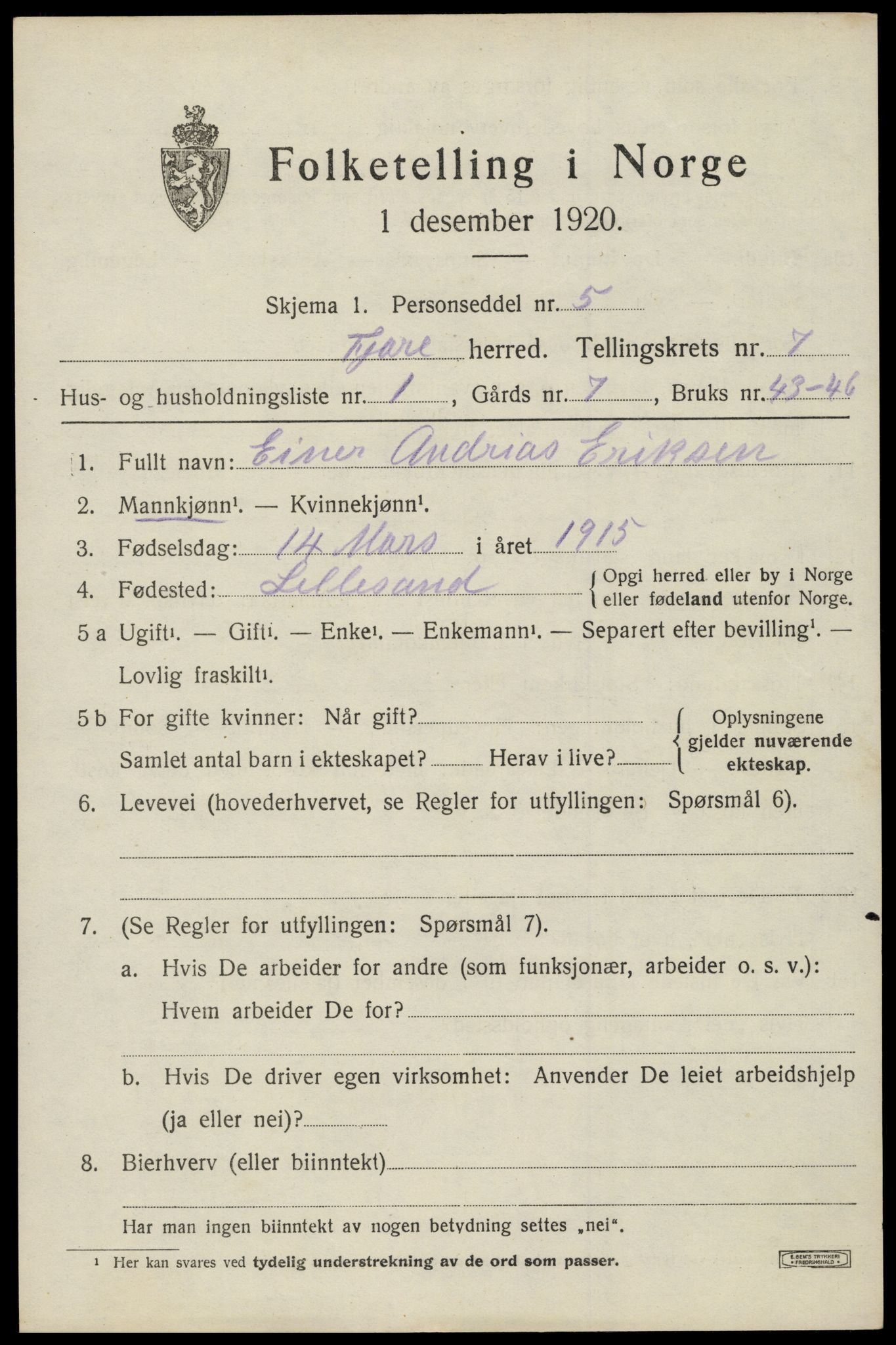 SAK, 1920 census for Fjære, 1920, p. 8549