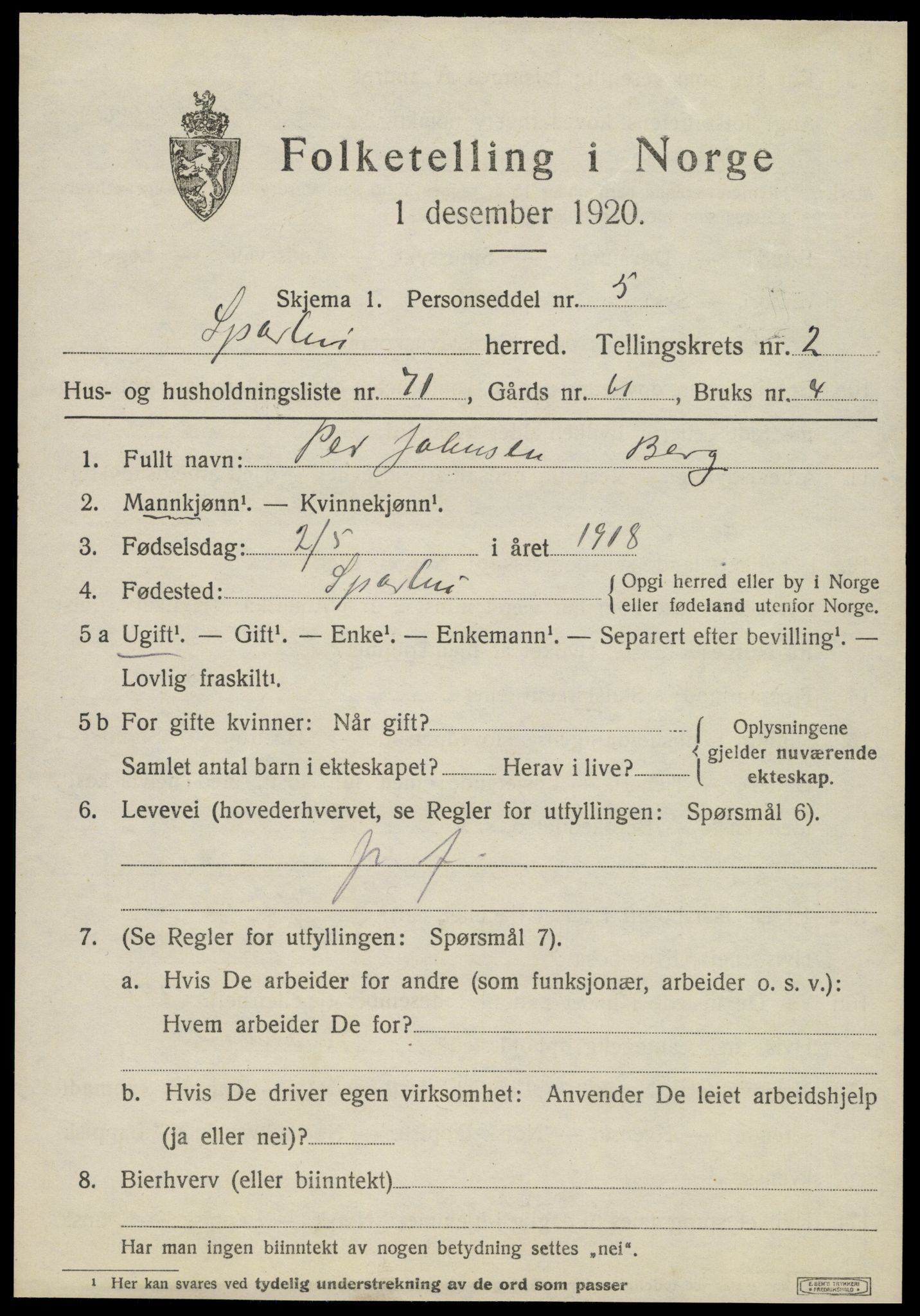 SAT, 1920 census for Sparbu, 1920, p. 4169