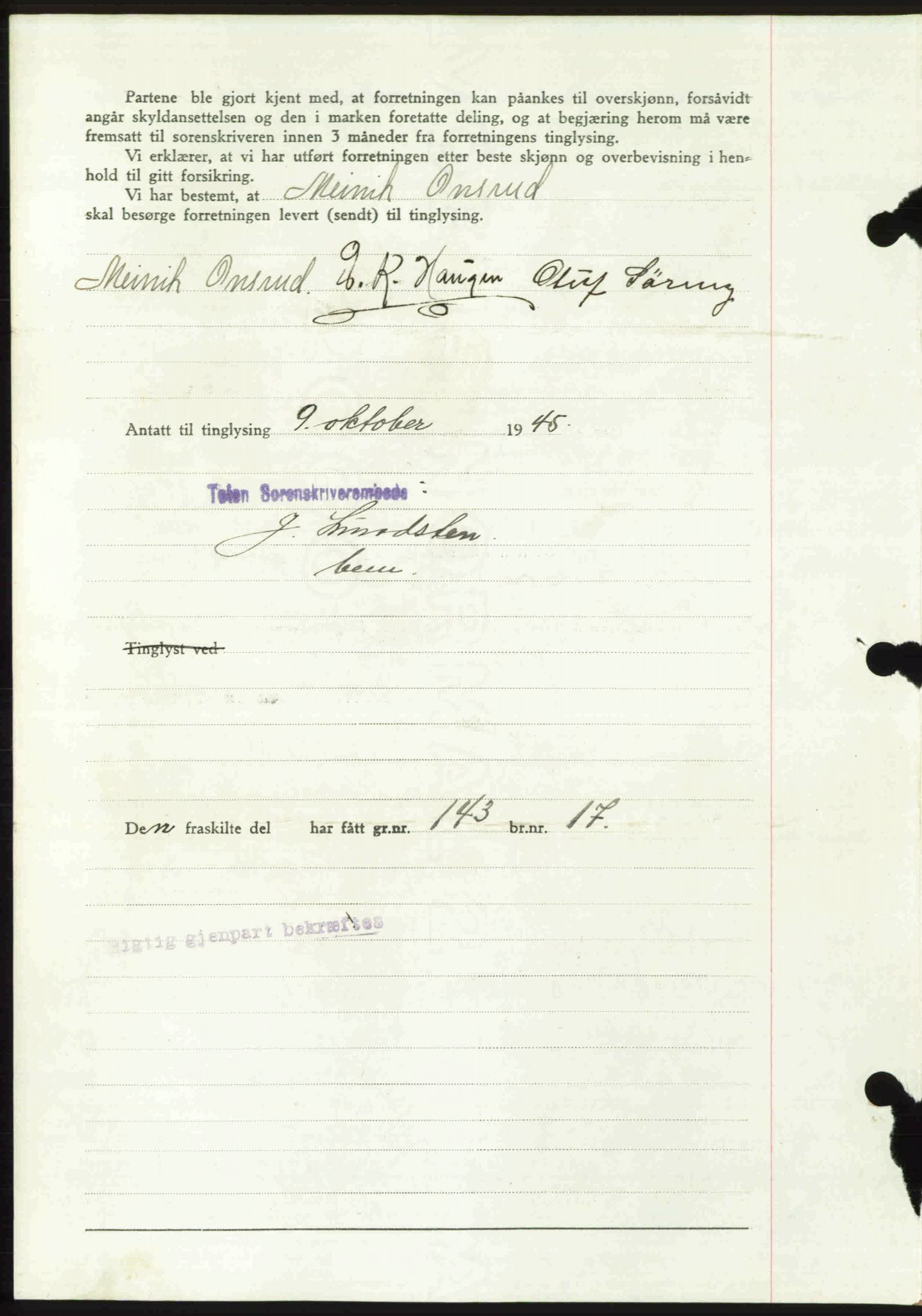 Toten tingrett, SAH/TING-006/H/Hb/Hbc/L0013: Mortgage book no. Hbc-13, 1945-1945, Diary no: : 1367/1945