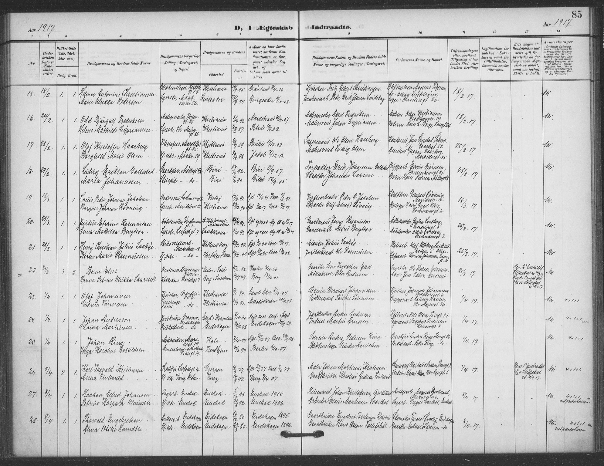 Jakob prestekontor Kirkebøker, SAO/A-10850/F/Fa/L0010: Parish register (official) no. 10, 1908-1922, p. 85