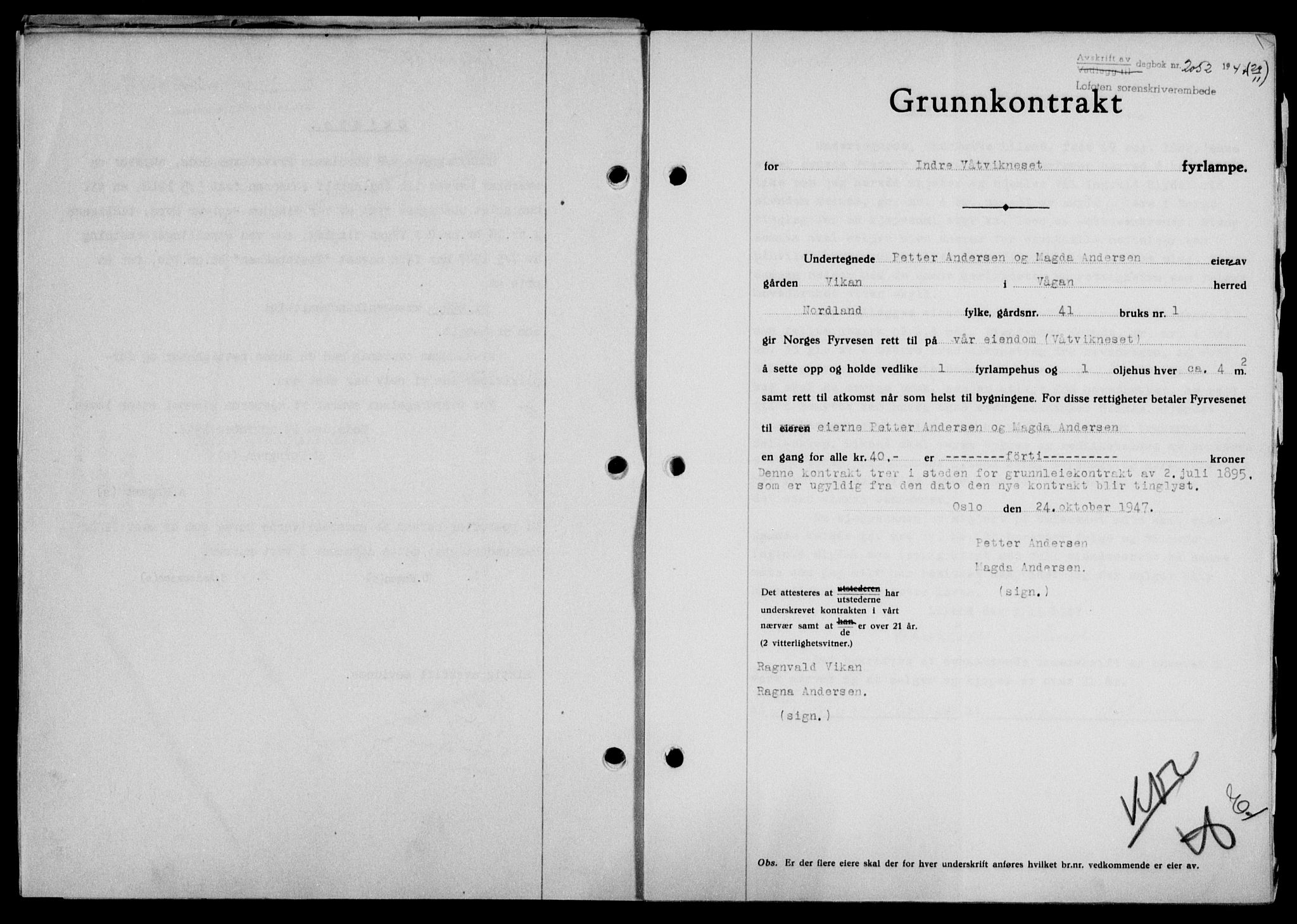 Lofoten sorenskriveri, SAT/A-0017/1/2/2C/L0017a: Mortgage book no. 17a, 1947-1948, Diary no: : 2052/1947