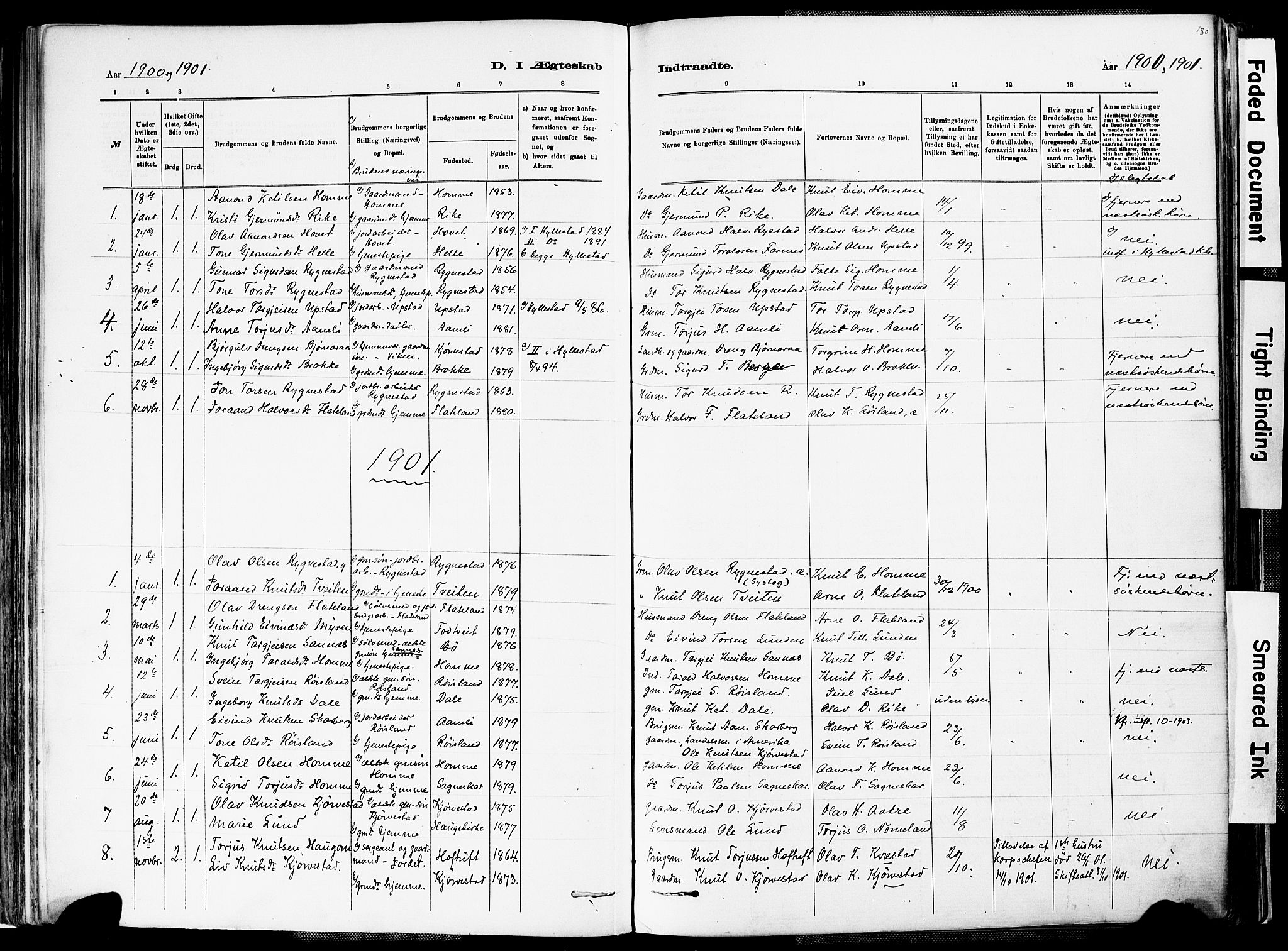 Valle sokneprestkontor, AV/SAK-1111-0044/F/Fa/Fac/L0009: Parish register (official) no. A 9, 1882-1913, p. 180