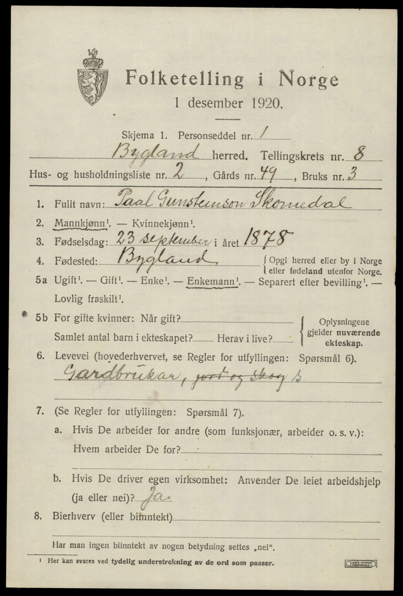 SAK, 1920 census for Bygland, 1920, p. 2807