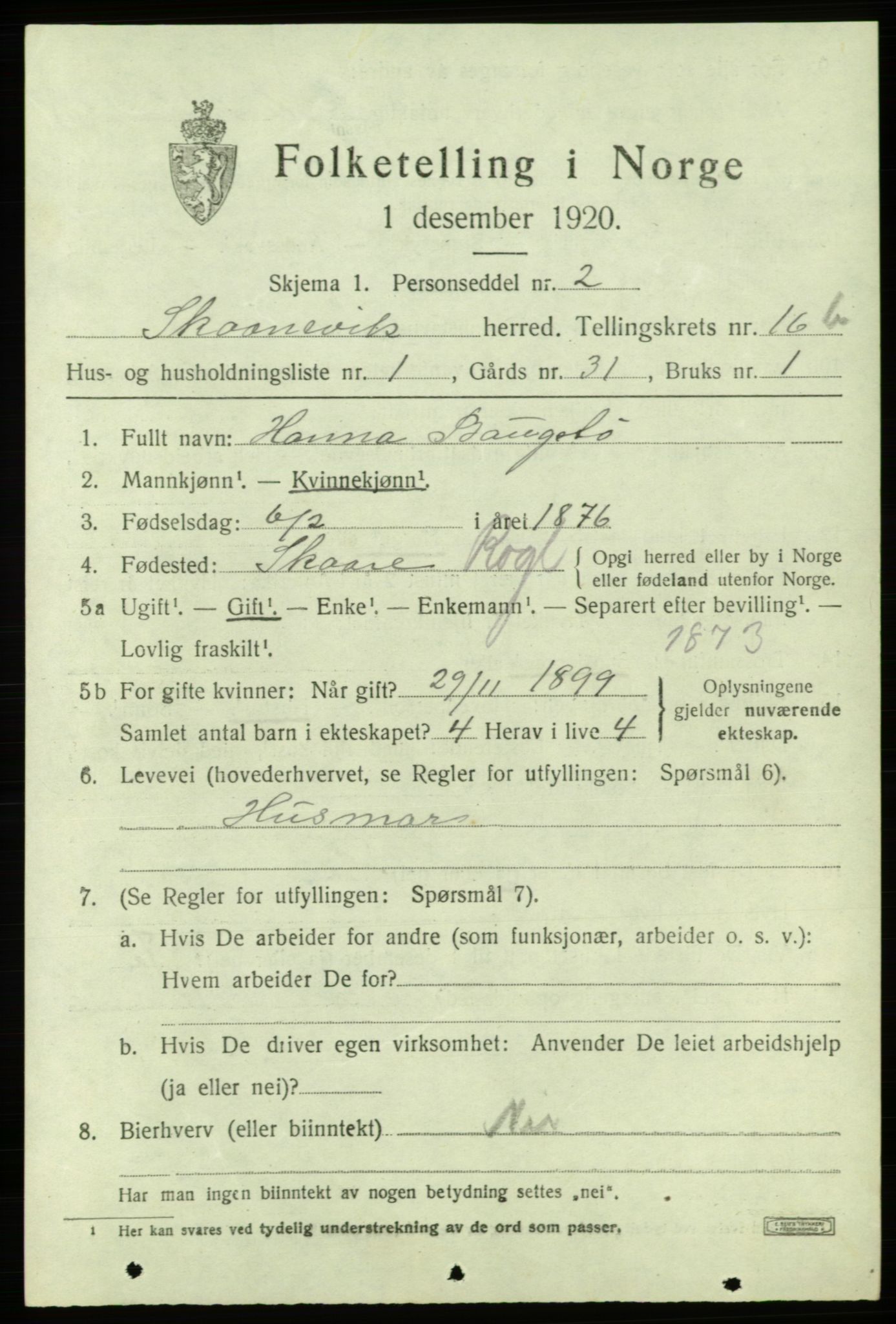 SAB, 1920 census for Skånevik, 1920, p. 6403