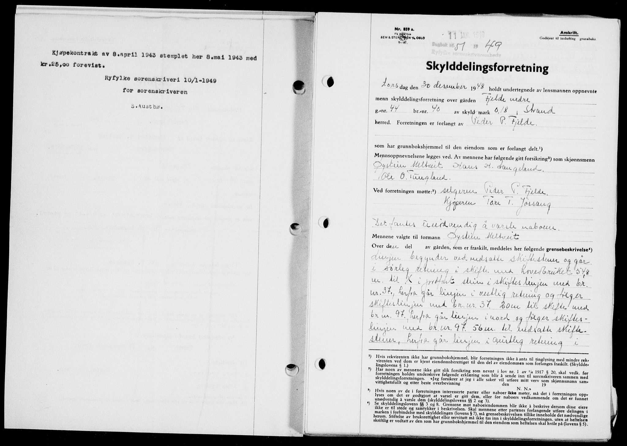 Ryfylke tingrett, SAST/A-100055/001/II/IIB/L0104: Mortgage book no. 83, 1948-1949, Diary no: : 51/1949