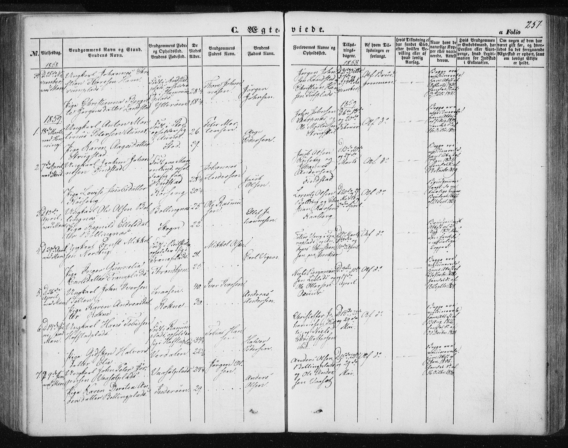 Ministerialprotokoller, klokkerbøker og fødselsregistre - Nord-Trøndelag, AV/SAT-A-1458/735/L0342: Parish register (official) no. 735A07 /1, 1849-1862, p. 257