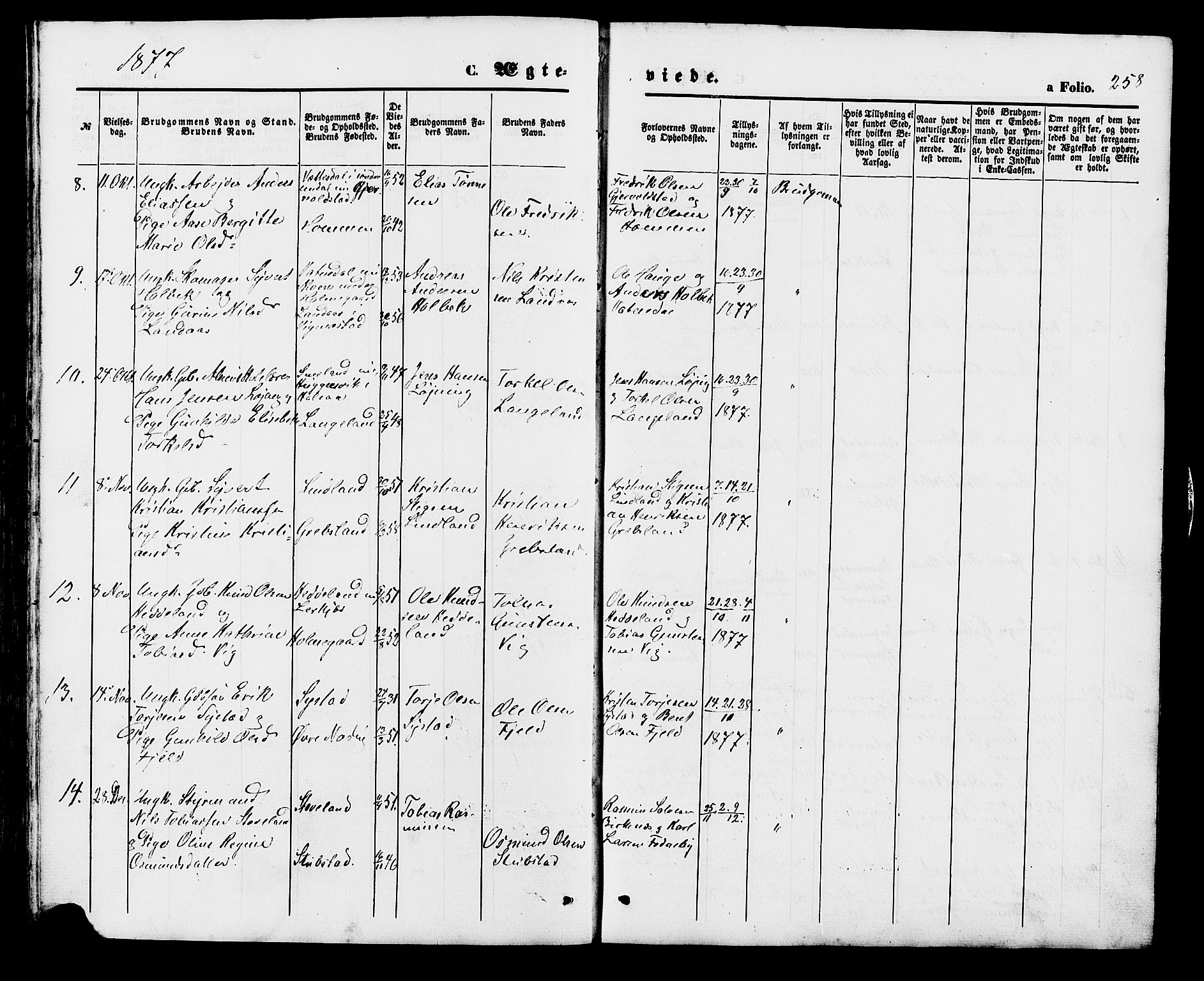 Holum sokneprestkontor, SAK/1111-0022/F/Fb/Fba/L0004: Parish register (copy) no. B 4, 1867-1890, p. 258