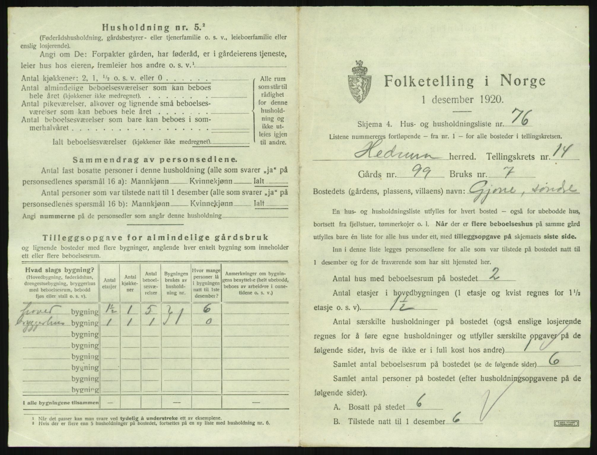 SAKO, 1920 census for Hedrum, 1920, p. 1407