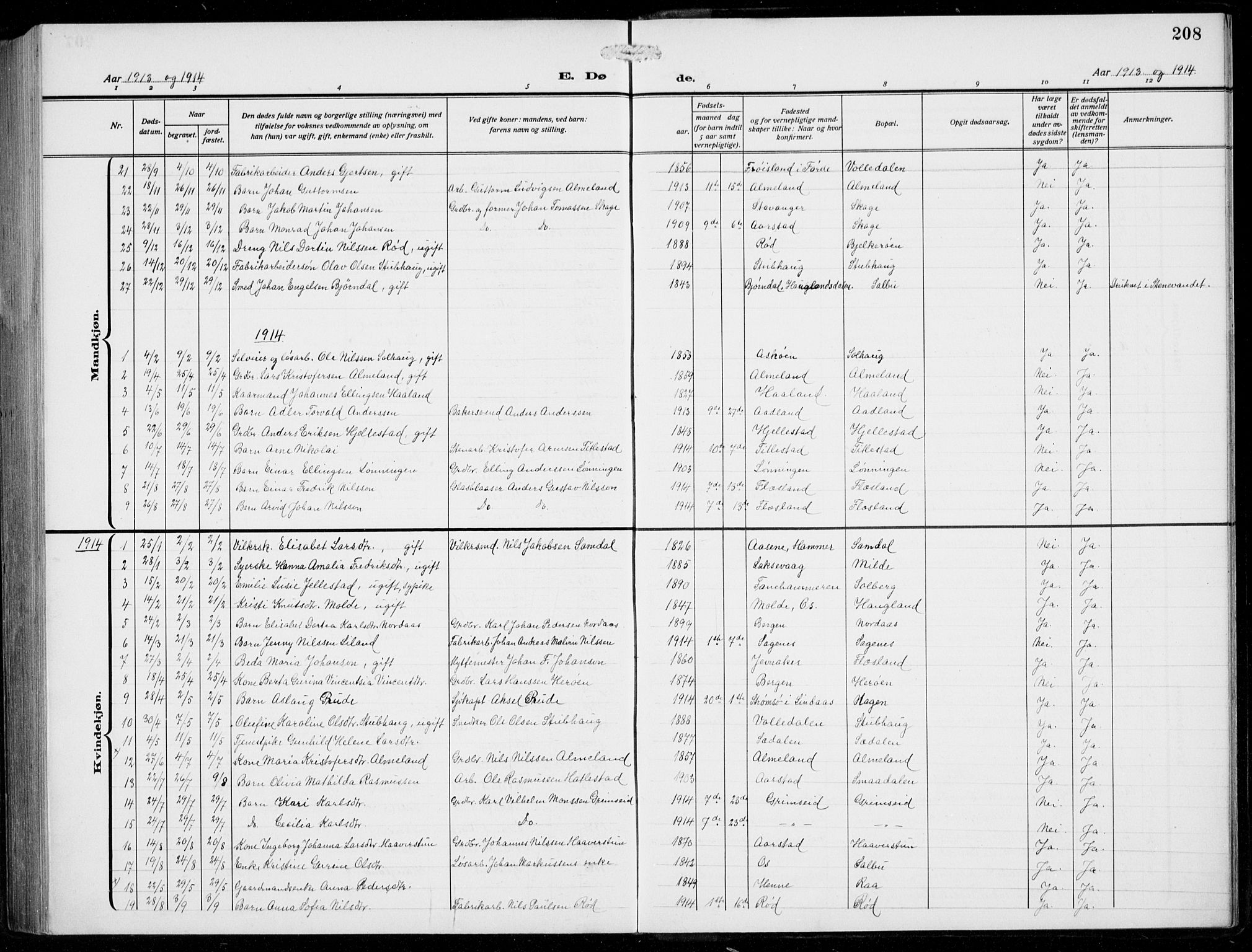 Fana Sokneprestembete, AV/SAB-A-75101/H/Hab/Haba/L0005: Parish register (copy) no. A 5, 1911-1932, p. 208