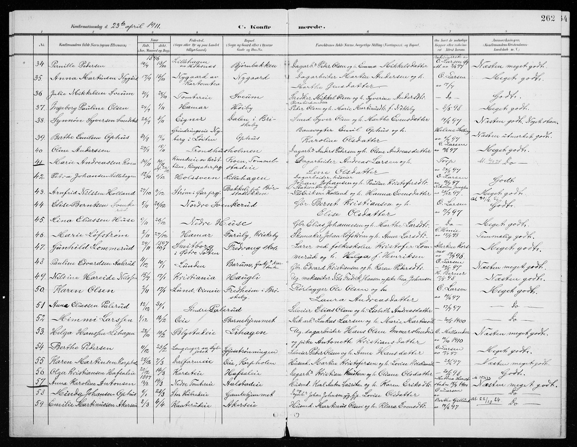 Vang prestekontor, Hedmark, SAH/PREST-008/H/Ha/Haa/L0021: Parish register (official) no. 21, 1902-1917, p. 262