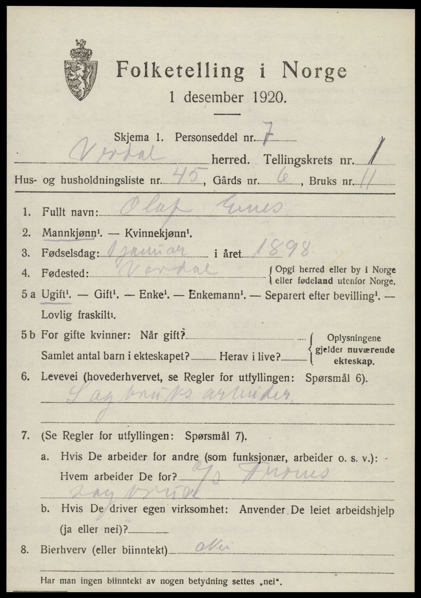 SAT, 1920 census for Verdal, 1920, p. 2887