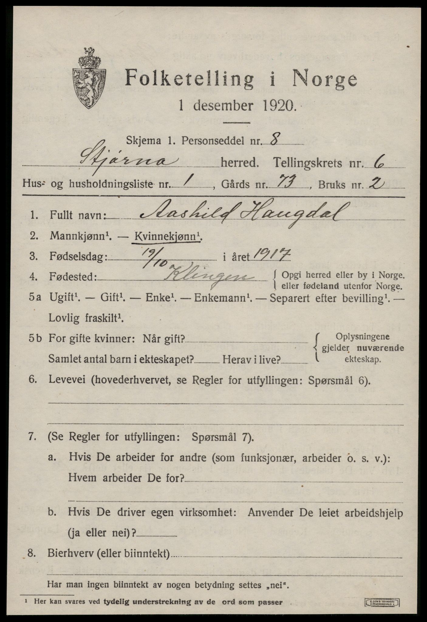 SAT, 1920 census for Stjørna, 1920, p. 4612