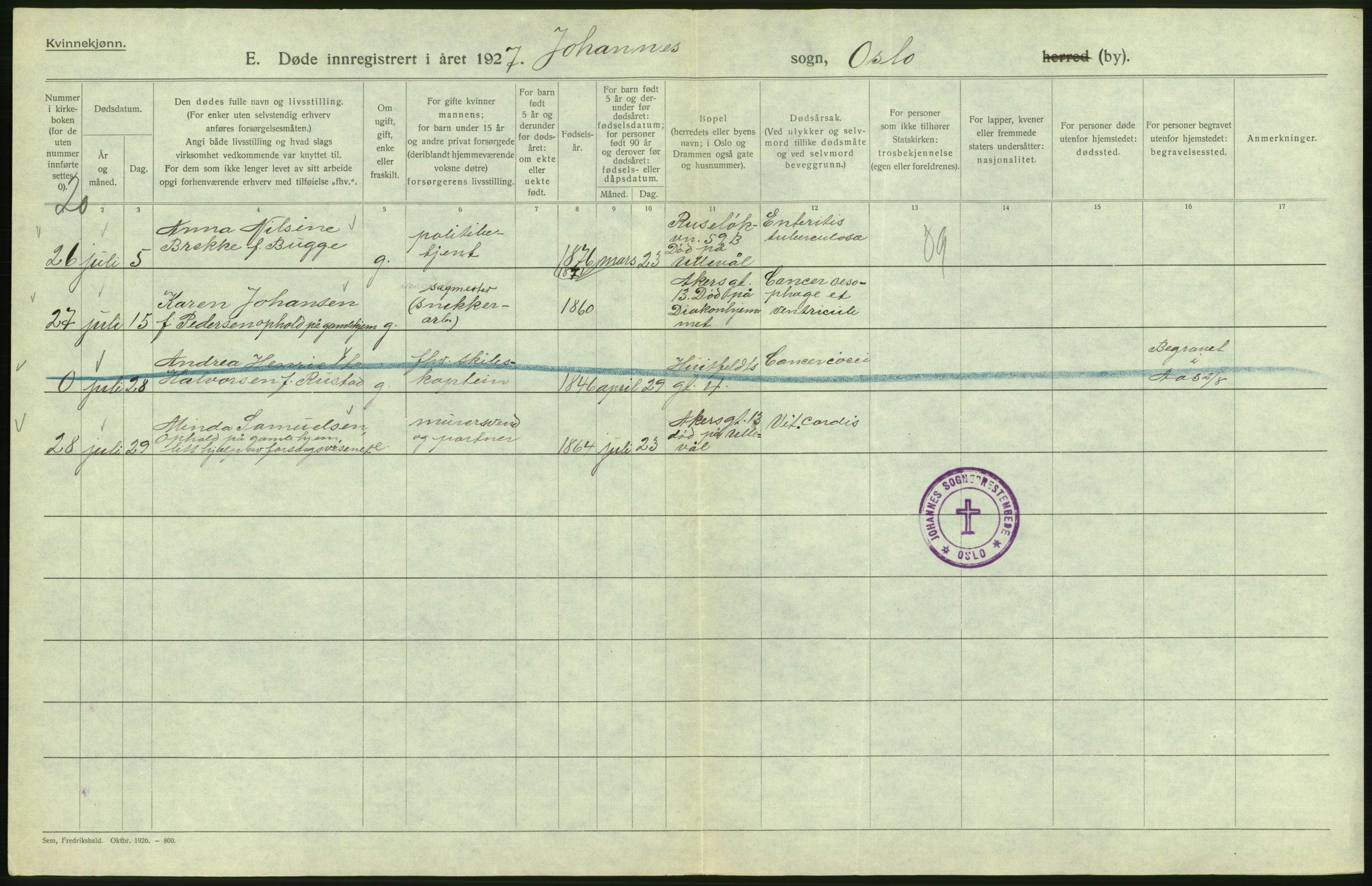 Statistisk sentralbyrå, Sosiodemografiske emner, Befolkning, AV/RA-S-2228/D/Df/Dfc/Dfcg/L0010: Oslo: Døde kvinner, dødfødte, 1927, p. 228