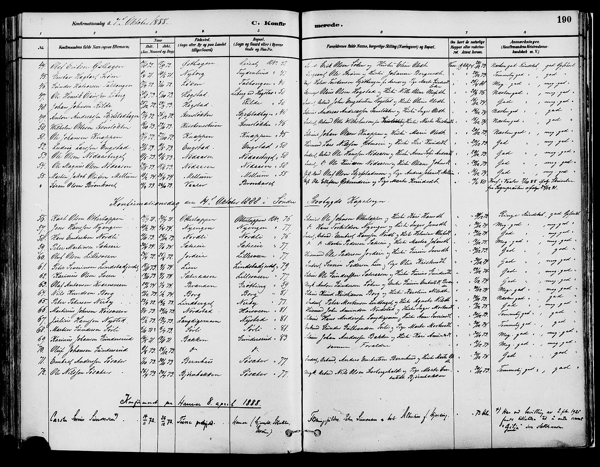 Elverum prestekontor, AV/SAH-PREST-044/H/Ha/Haa/L0013: Parish register (official) no. 13, 1880-1890, p. 190