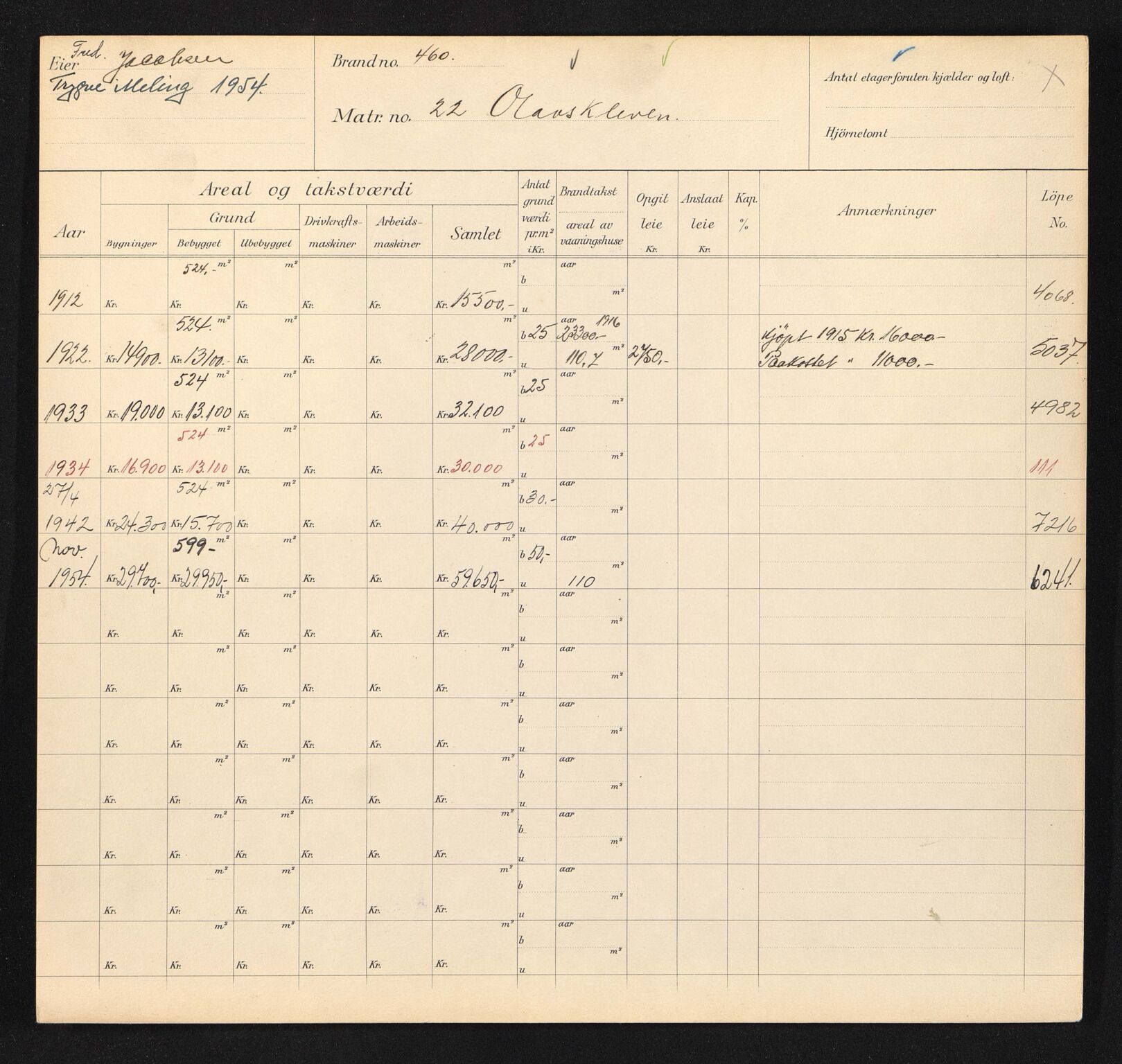 Stavanger kommune. Skattetakstvesenet, BYST/A-0440/F/Fa/Faa/L0034/0009: Skattetakstkort / Olavskleiva 11 - Ole Blix gate - Ole Bulls vei 16