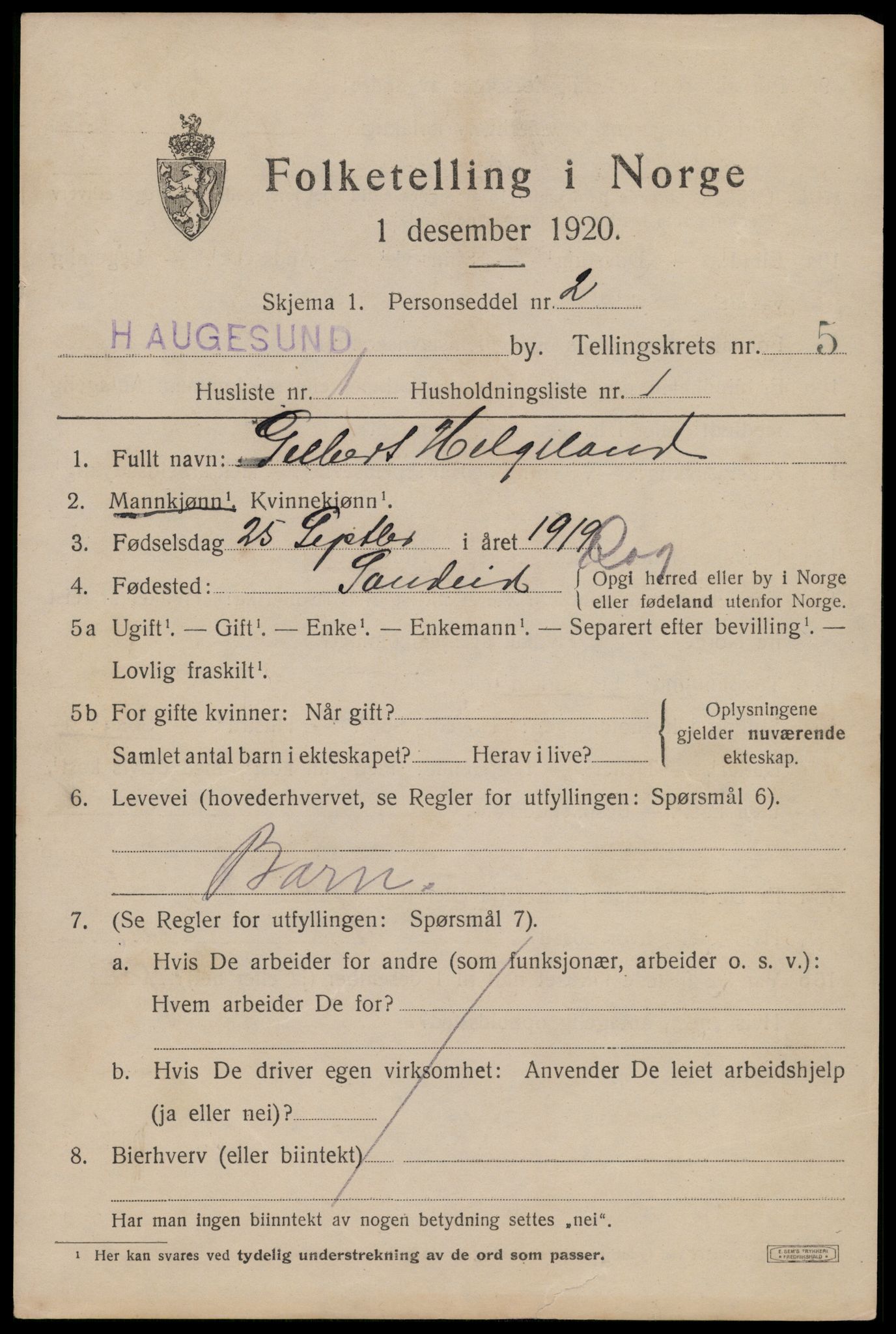 SAST, 1920 census for Haugesund, 1920, p. 17447