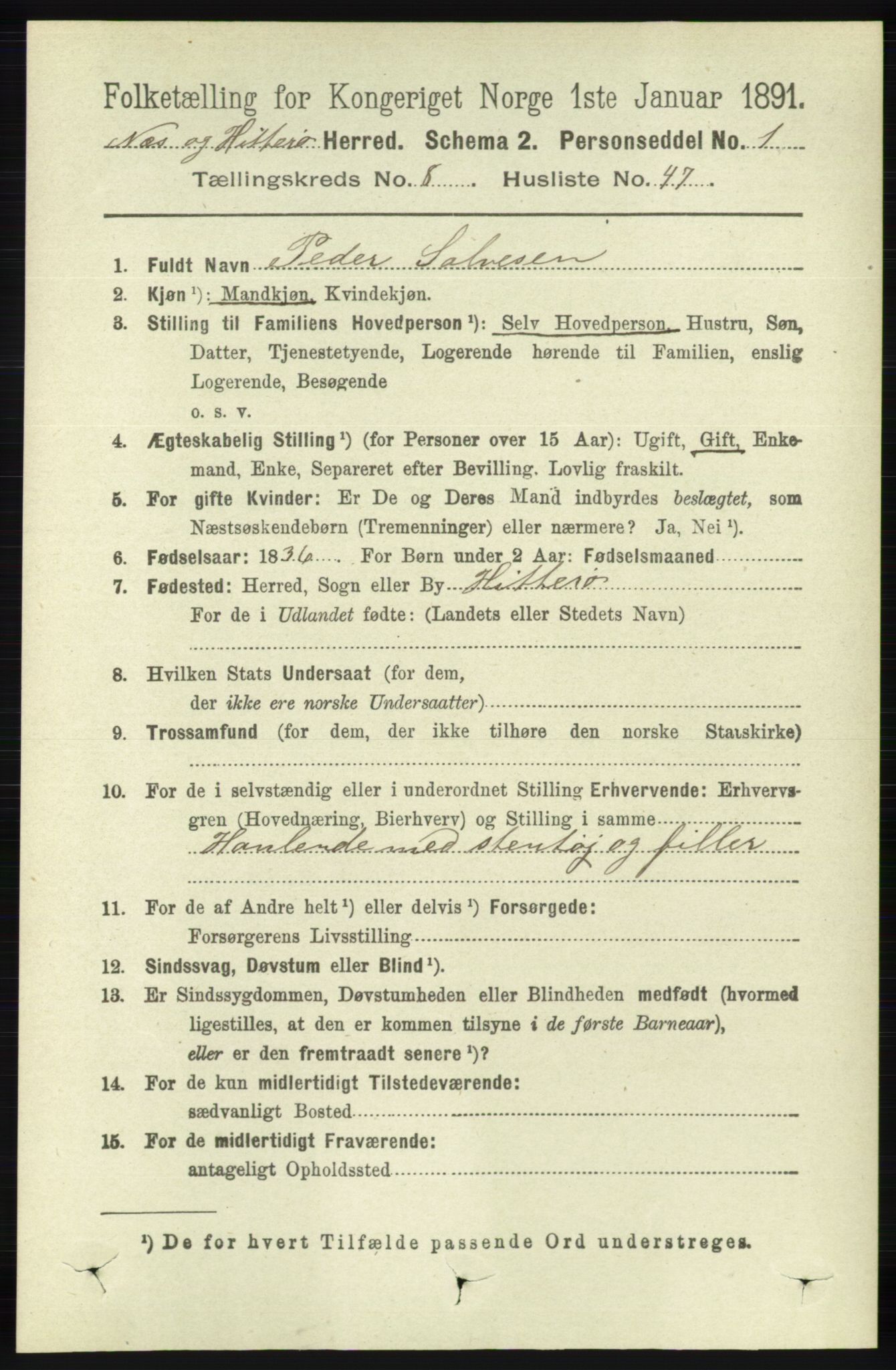 RA, 1891 census for 1043 Hidra og Nes, 1891, p. 3563