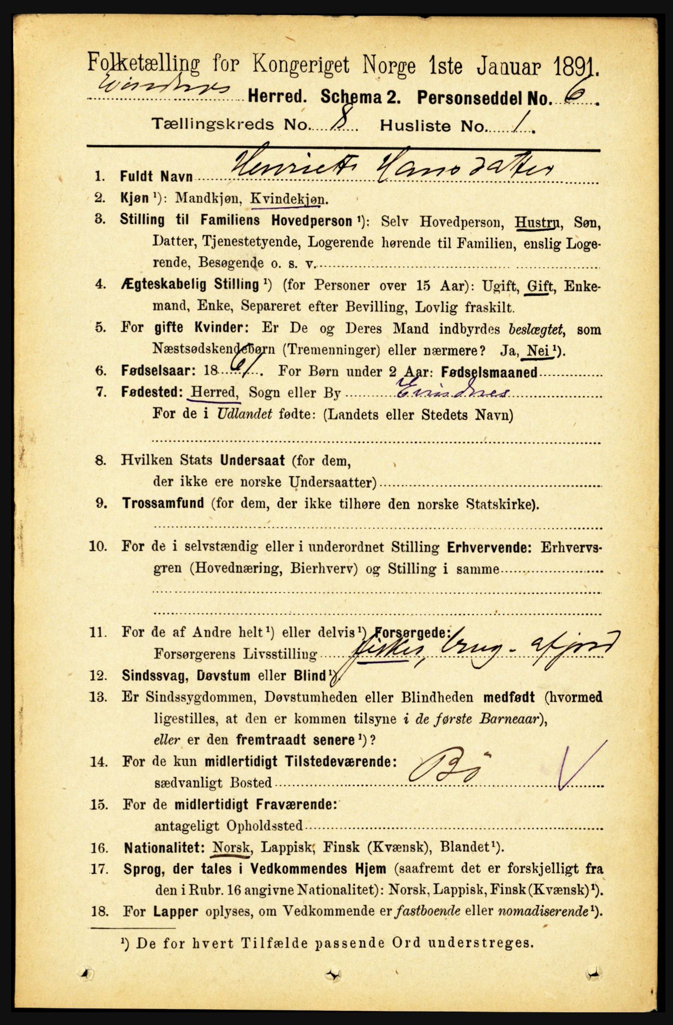 RA, 1891 census for 1853 Evenes, 1891, p. 2517