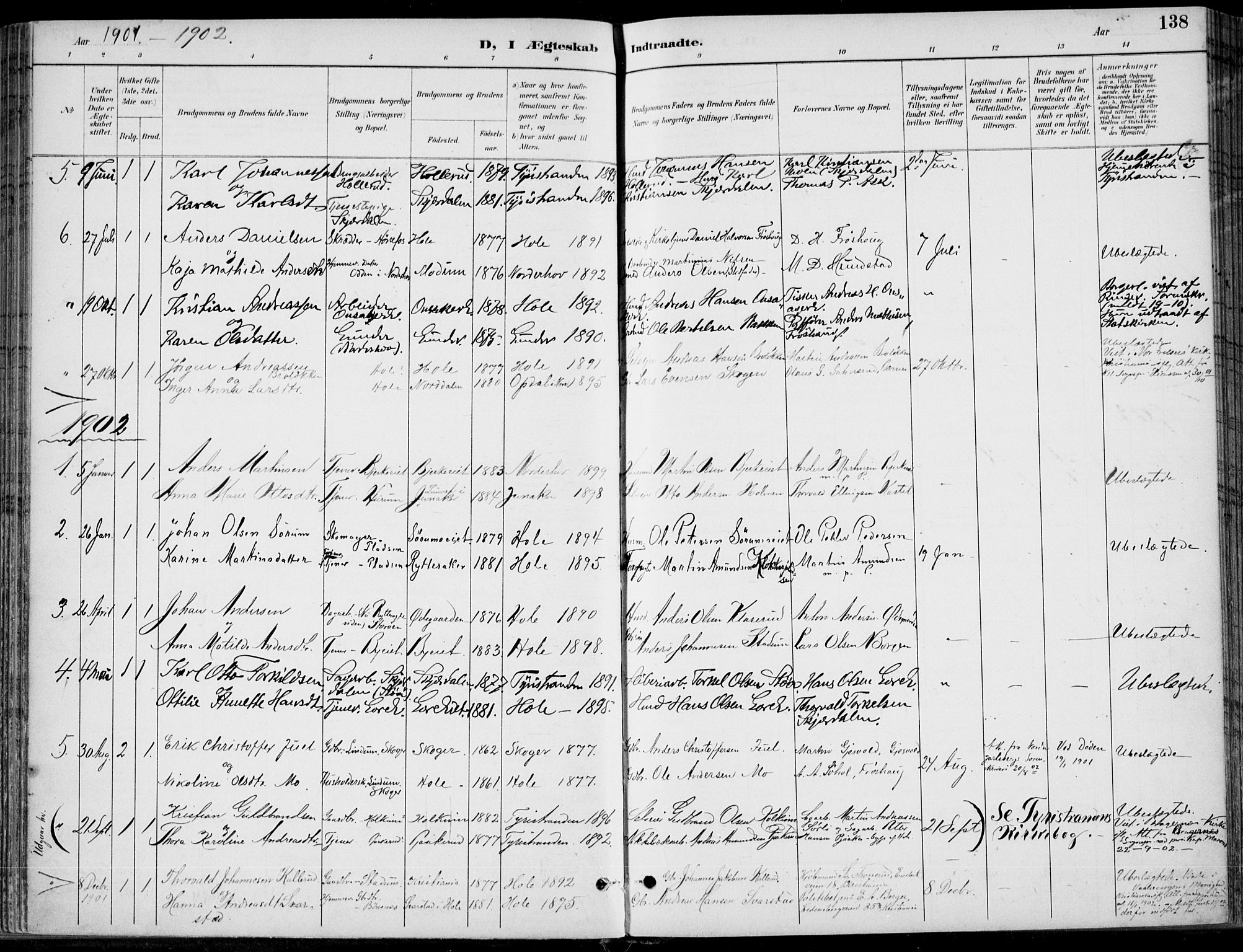 Hole kirkebøker, SAKO/A-228/F/Fa/L0009: Parish register (official) no. I 9, 1892-1907, p. 138