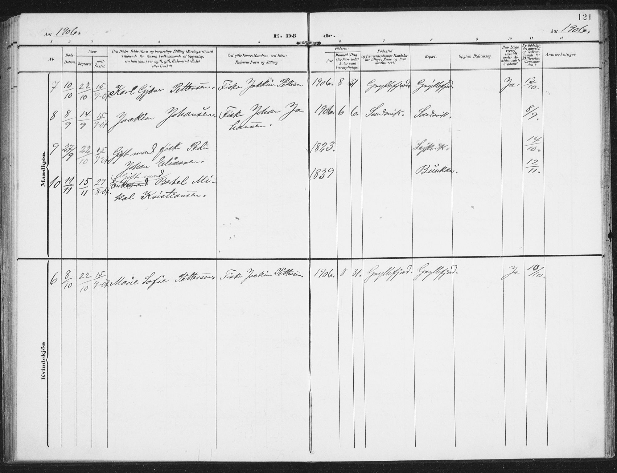 Berg sokneprestkontor, AV/SATØ-S-1318/G/Ga/Gaa/L0008kirke: Parish register (official) no. 8, 1904-1916, p. 121