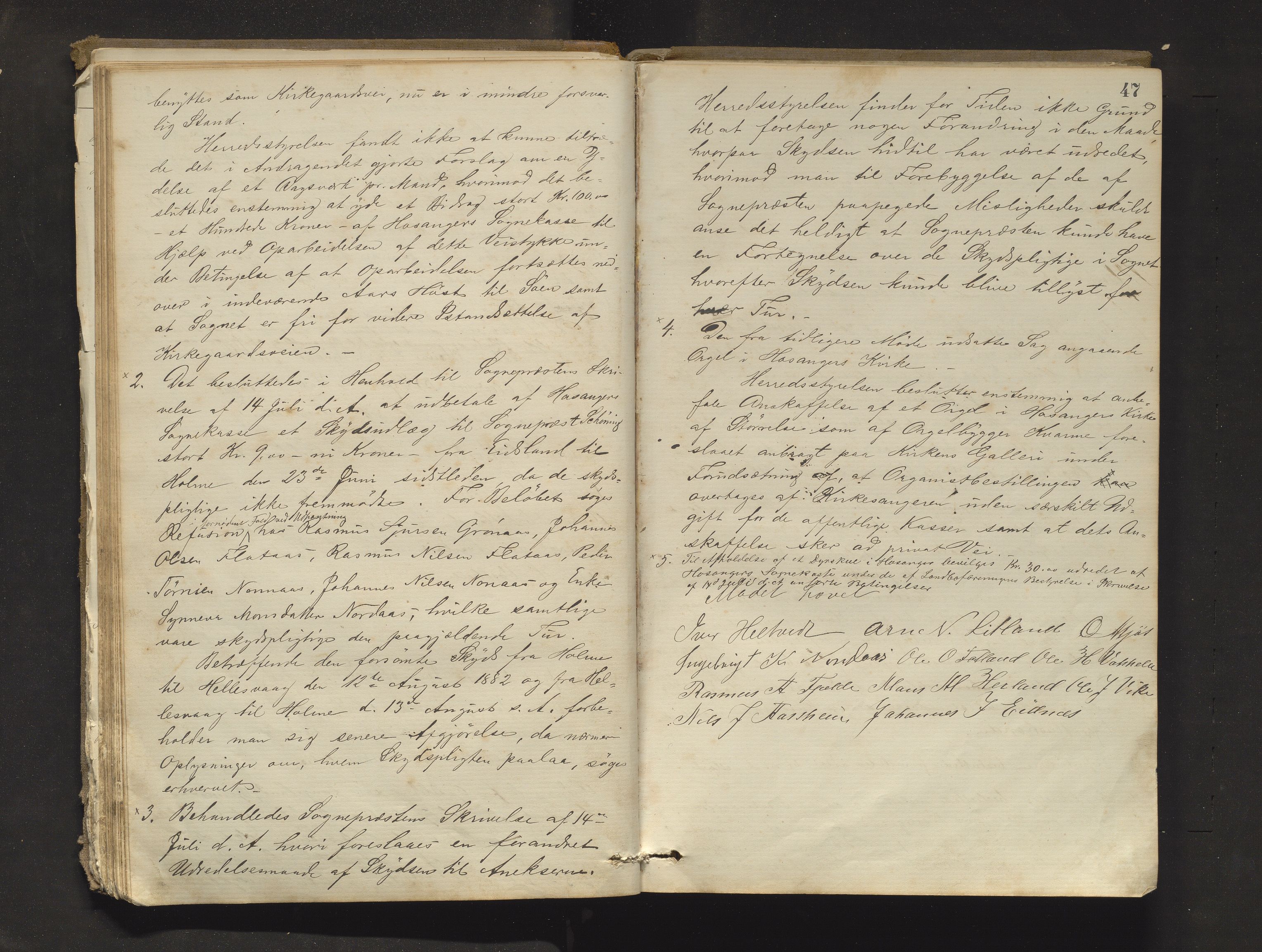 Hosanger kommune. Formannskapet, IKAH/1253a-021/A/Aa/L0003: Møtebok for Hosanger formannskap, heradsstyre og Hosanger soknestyre, 1881-1893, p. 47