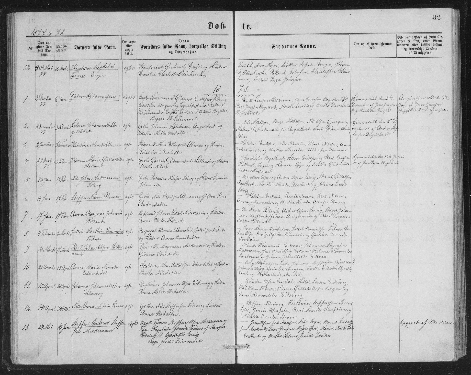 Åsane sokneprestembete, SAB/A-79401/H/Hab: Parish register (copy) no. A 1, 1870-1884, p. 32