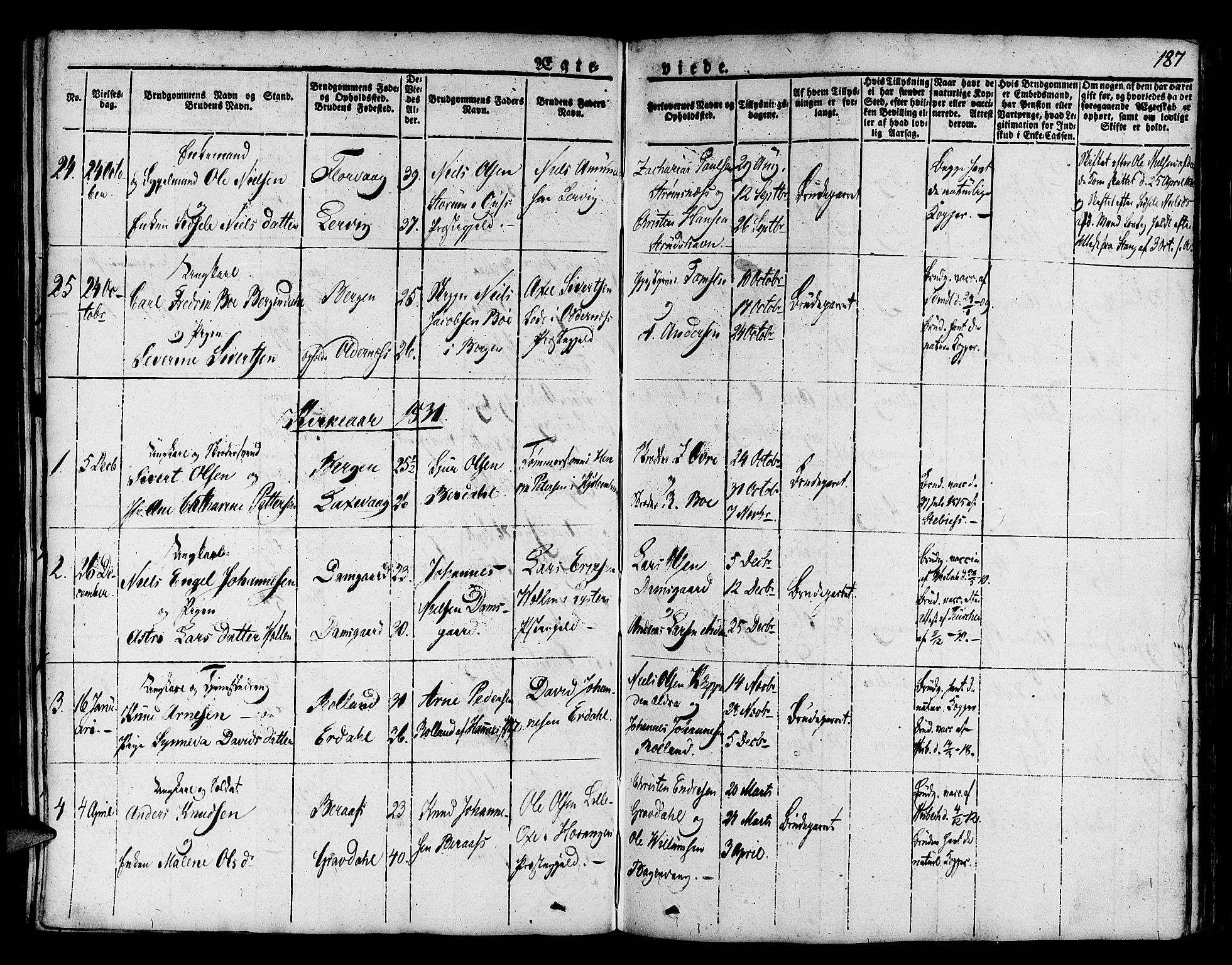 Askøy Sokneprestembete, AV/SAB-A-74101/H/Ha/Haa/Haaa/L0004: Parish register (official) no. A 4, 1825-1845, p. 187