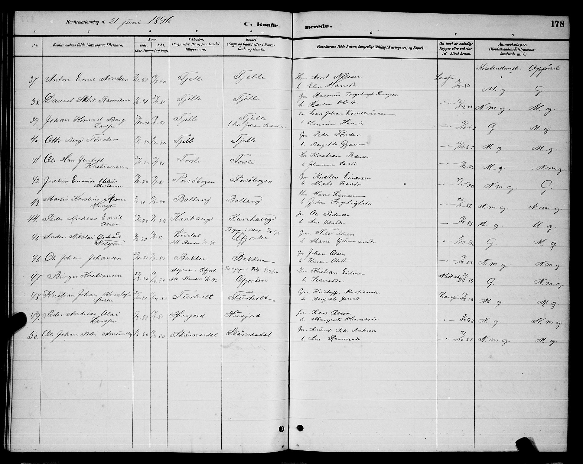 Ministerialprotokoller, klokkerbøker og fødselsregistre - Nordland, AV/SAT-A-1459/863/L0914: Parish register (copy) no. 863C04, 1886-1897, p. 178