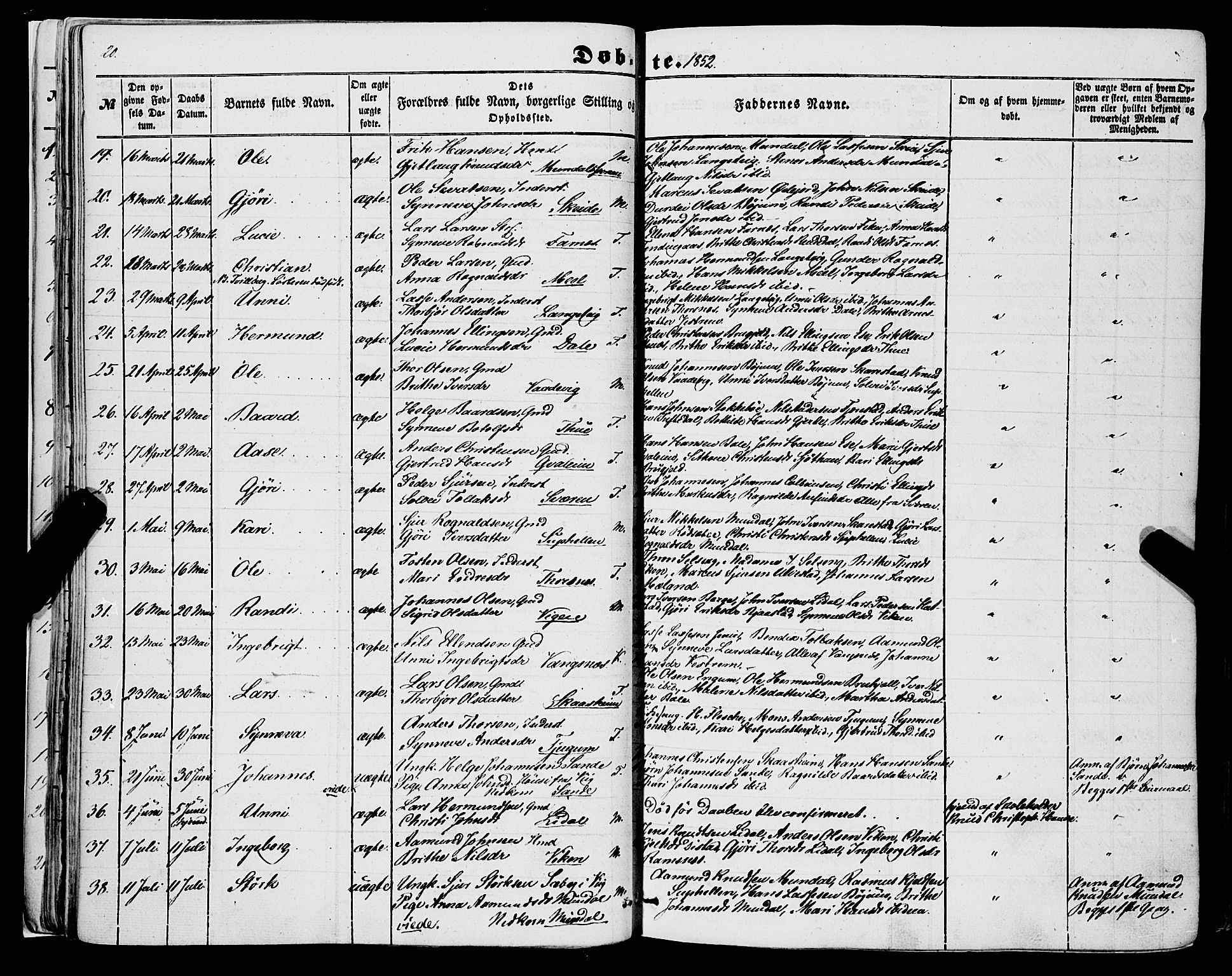 Balestrand sokneprestembete, SAB/A-79601/H/Haa/Haaa/L0002: Parish register (official) no. A 2, 1847-1866, p. 20