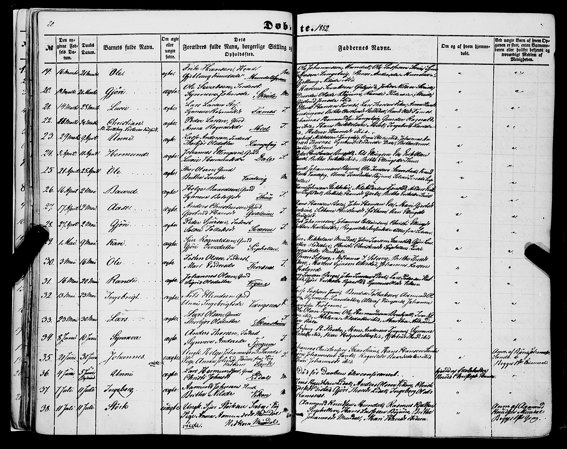 Balestrand sokneprestembete, AV/SAB-A-79601/H/Haa/Haaa/L0002: Parish register (official) no. A 2, 1847-1866, p. 20