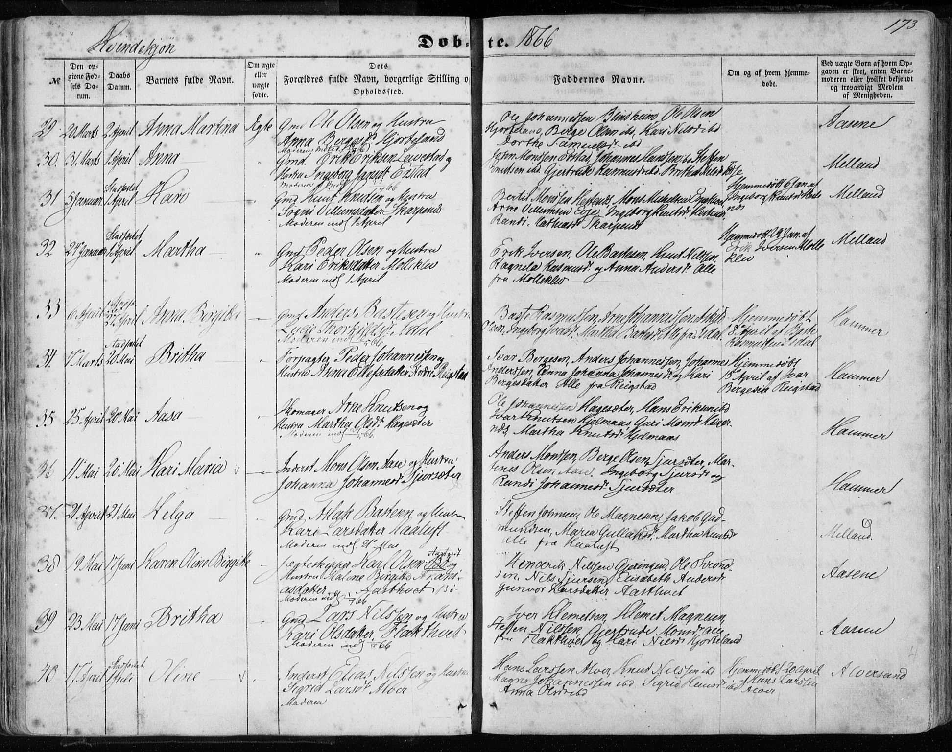 Hamre sokneprestembete, AV/SAB-A-75501/H/Ha/Haa/Haaa/L0014: Parish register (official) no. A 14, 1858-1872, p. 173