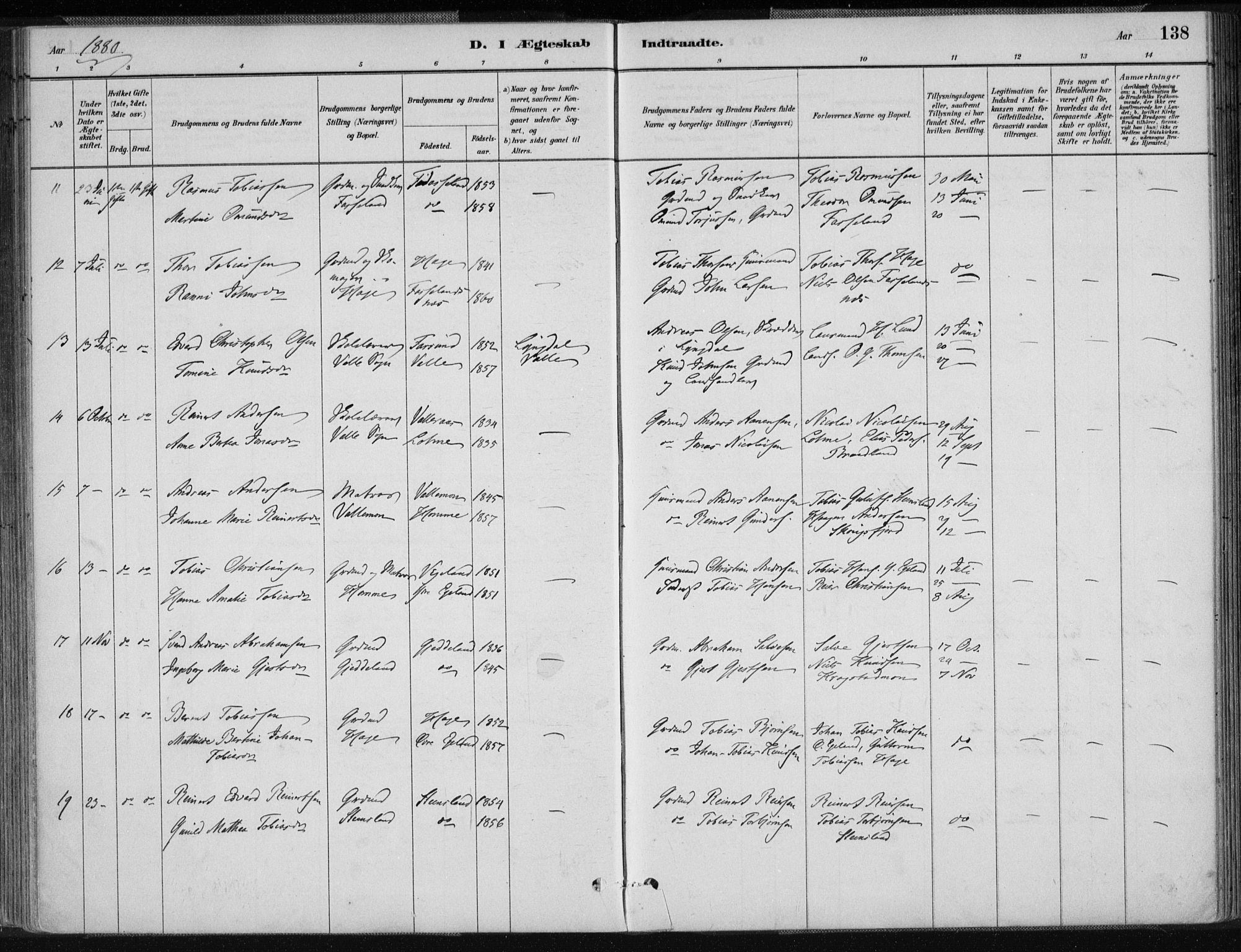 Sør-Audnedal sokneprestkontor, SAK/1111-0039/F/Fa/Fab/L0009: Parish register (official) no. A 9, 1880-1895, p. 138
