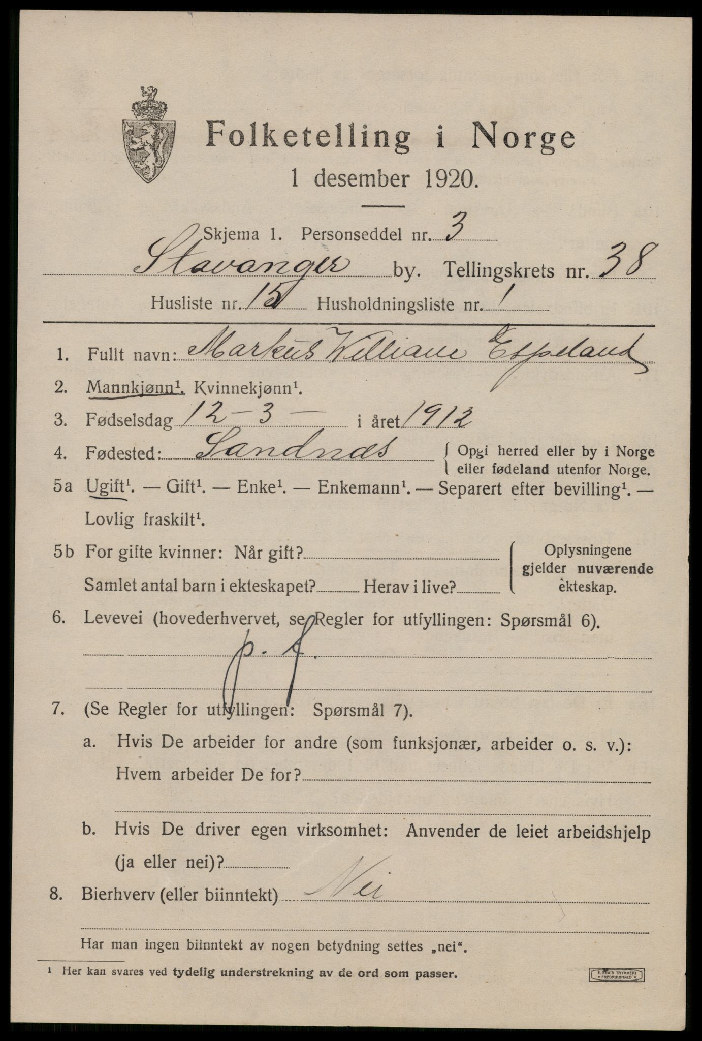 SAST, 1920 census for Stavanger, 1920, p. 99452