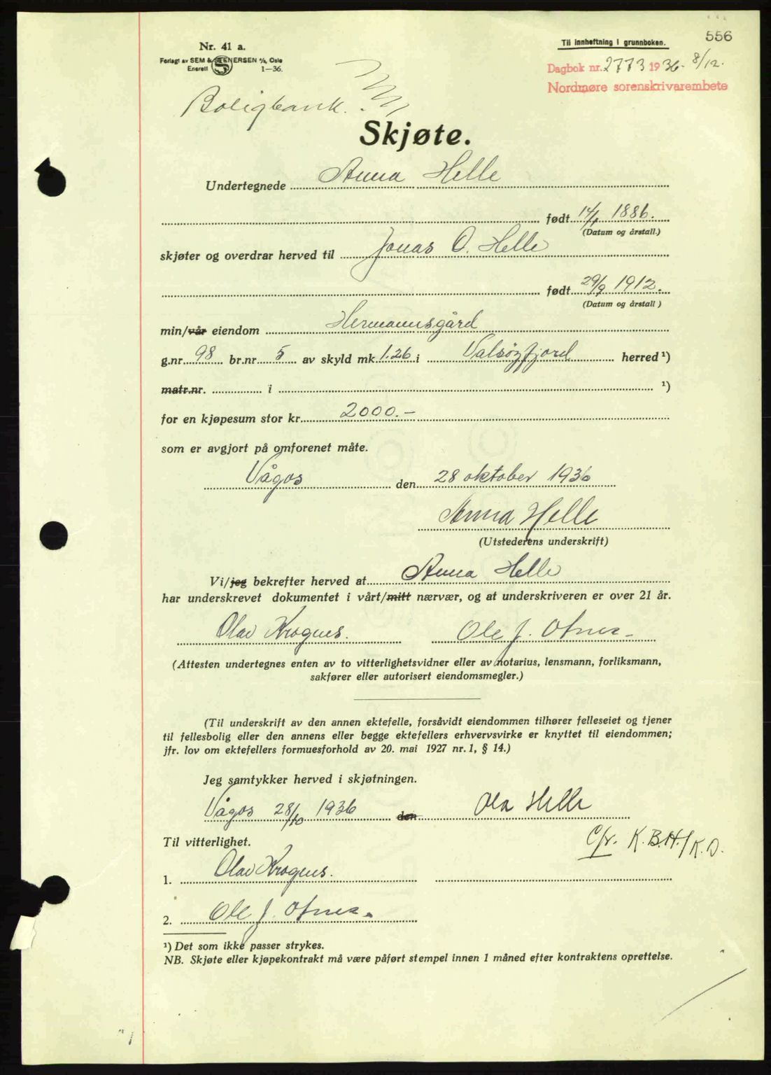 Nordmøre sorenskriveri, AV/SAT-A-4132/1/2/2Ca: Mortgage book no. A80, 1936-1937, Diary no: : 2773/1936