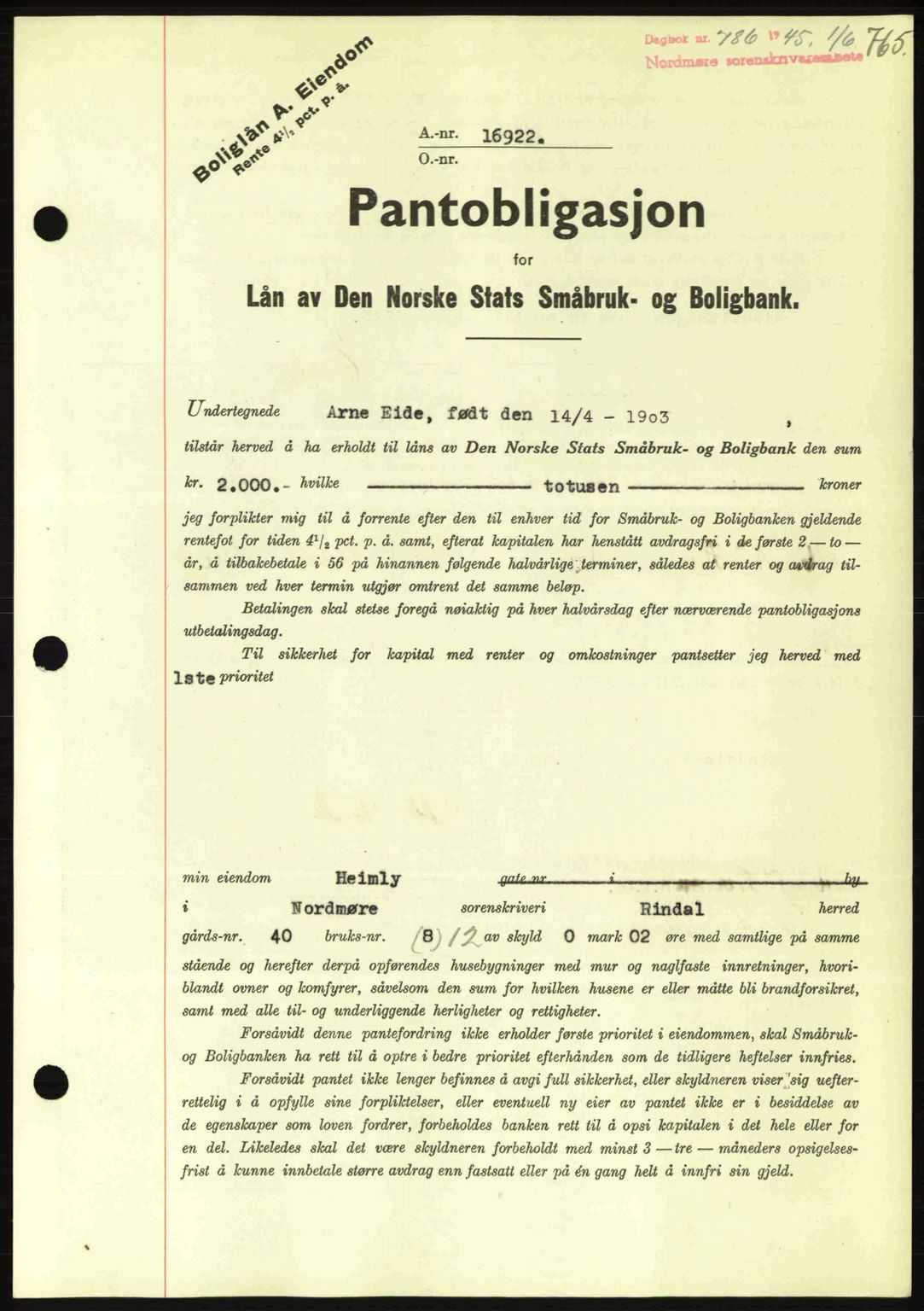 Nordmøre sorenskriveri, AV/SAT-A-4132/1/2/2Ca: Mortgage book no. B92, 1944-1945, Diary no: : 786/1945