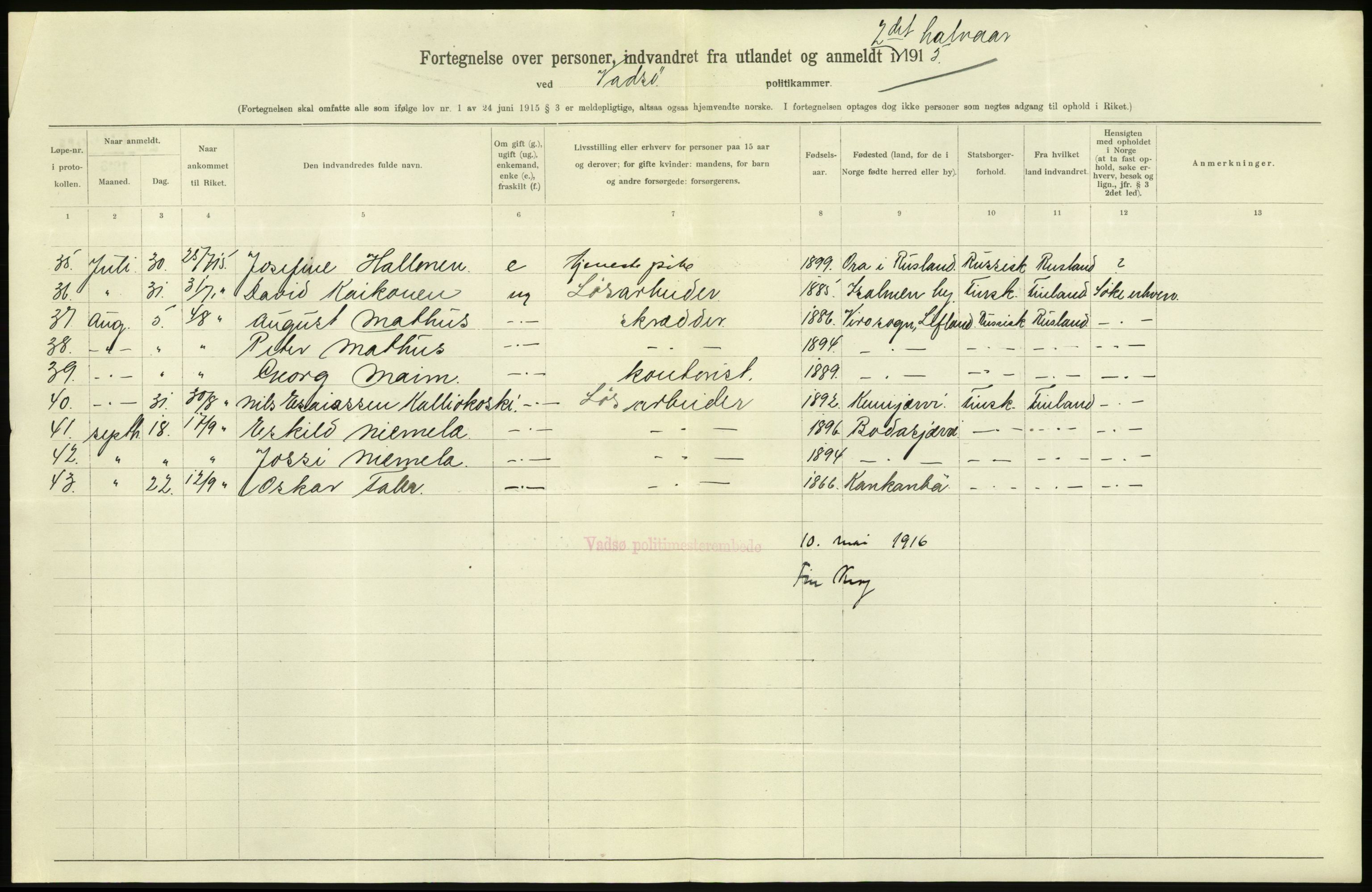 Statistisk sentralbyrå, Sosioøkonomiske emner, Folketellinger, boliger og boforhold, RA/S-2231/F/Fa/L0001: Innvandring. Navn/fylkesvis, 1915, p. 3