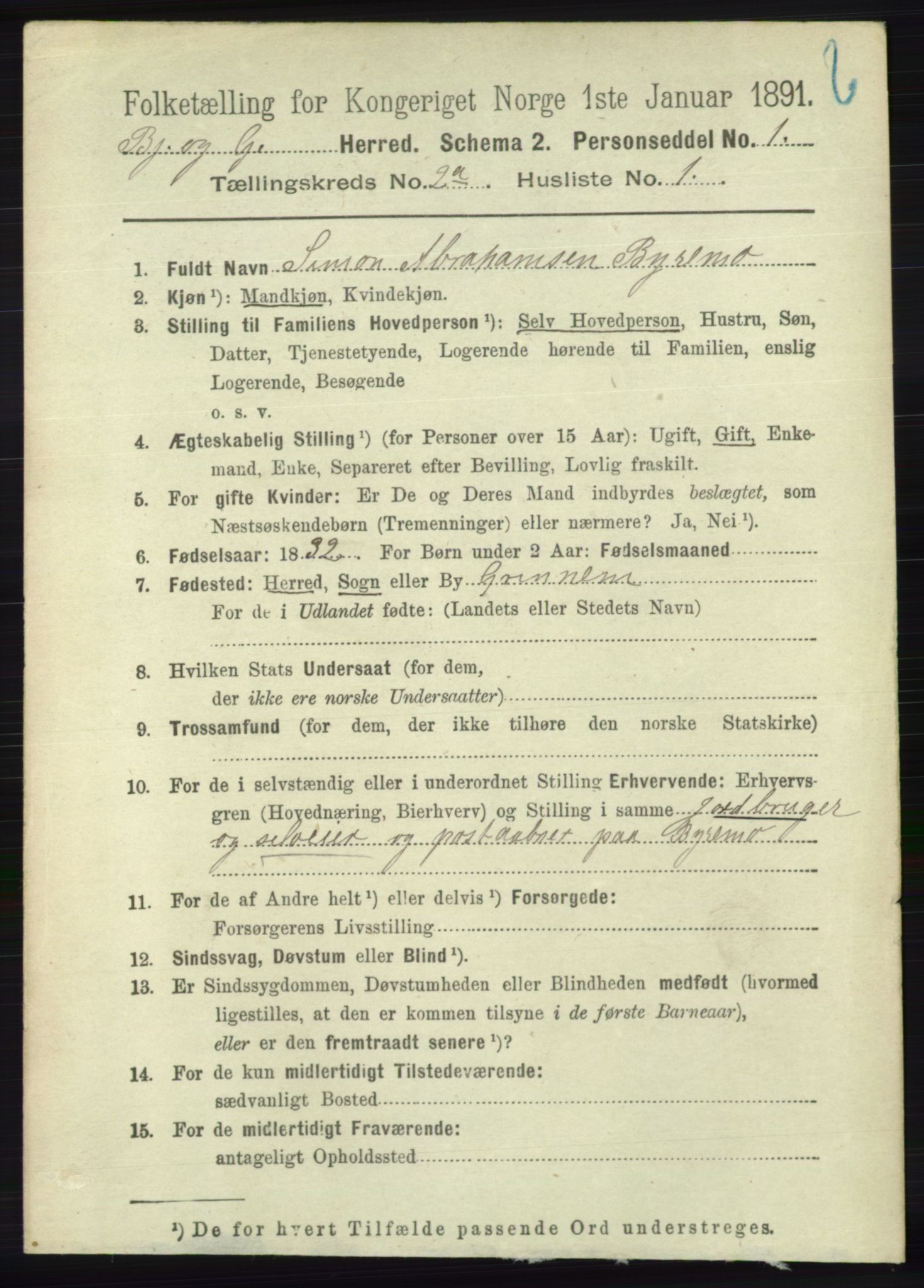 RA, 1891 census for 1024 Bjelland og Grindheim, 1891, p. 314