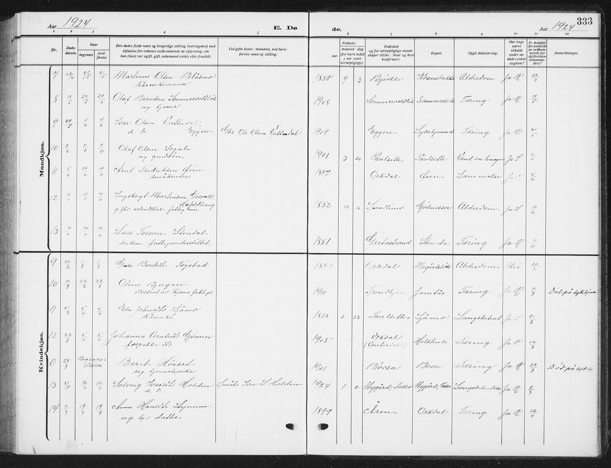 Ministerialprotokoller, klokkerbøker og fødselsregistre - Sør-Trøndelag, SAT/A-1456/668/L0820: Parish register (copy) no. 668C09, 1912-1936, p. 333