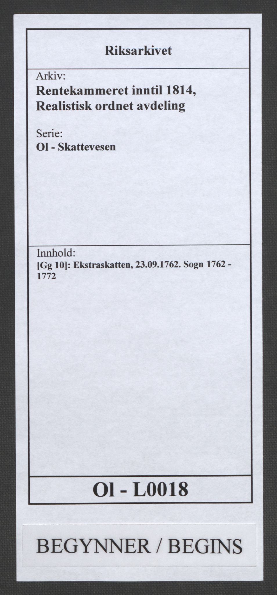 Rentekammeret inntil 1814, Realistisk ordnet avdeling, RA/EA-4070/Ol/L0018: [Gg 10]: Ekstraskatten, 23.09.1762. Sogn, 1762-1772, p. 1
