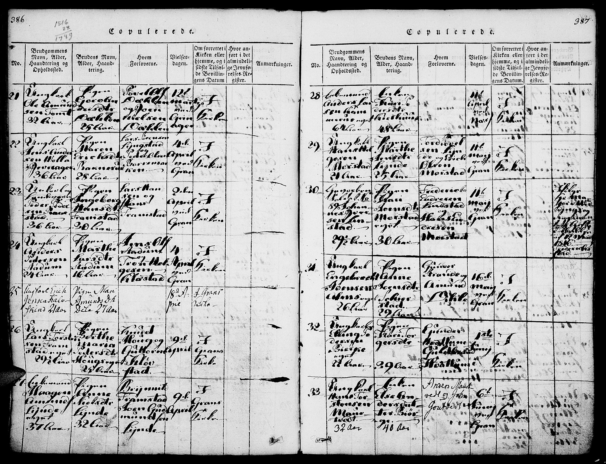 Gran prestekontor, SAH/PREST-112/H/Ha/Haa/L0009: Parish register (official) no. 9, 1815-1824, p. 386-387