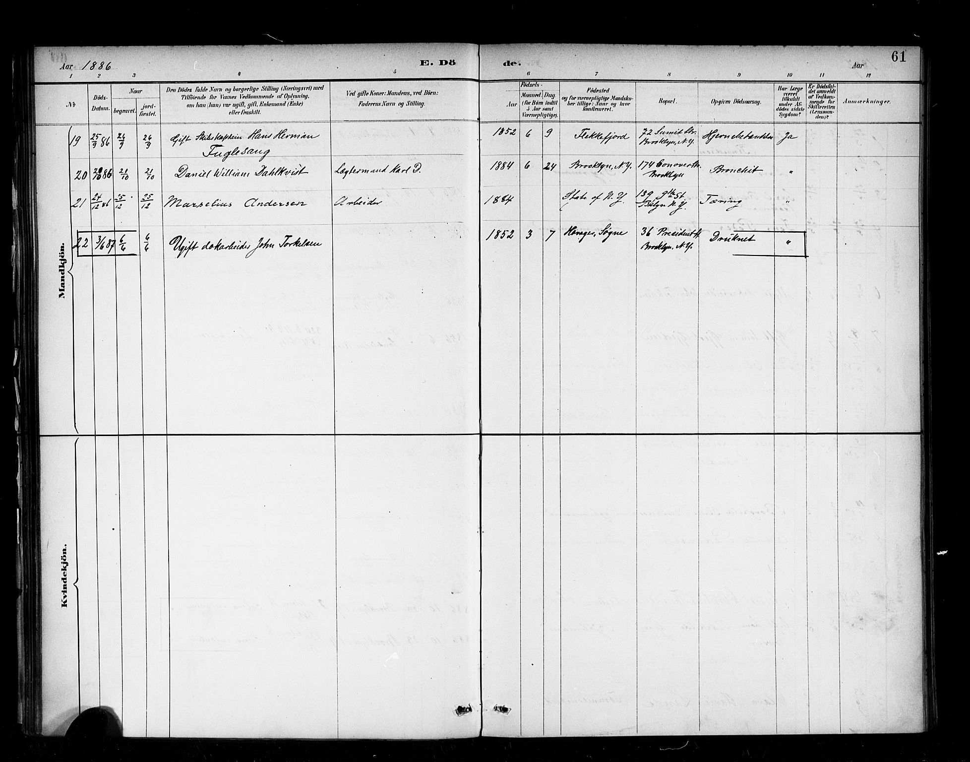 Den norske sjømannsmisjon i utlandet/New York, SAB/SAB/PA-0110/H/Ha/L0002: Parish register (official) no. A 2, 1886-1888, p. 61