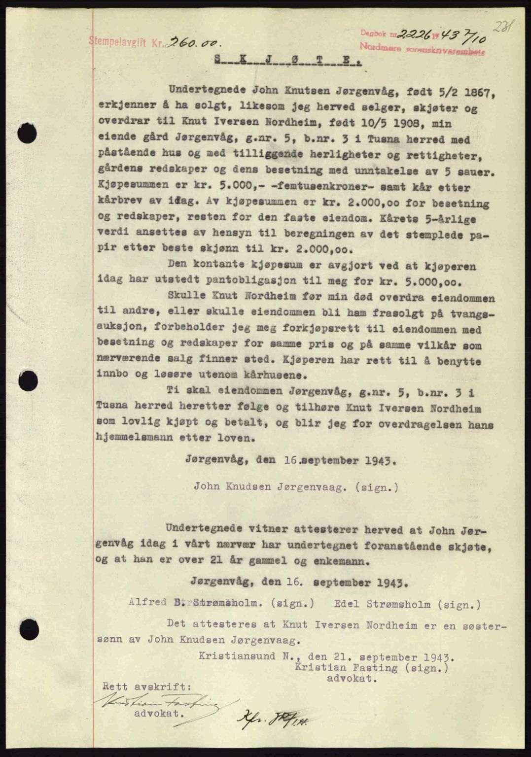 Nordmøre sorenskriveri, SAT/A-4132/1/2/2Ca: Mortgage book no. A96, 1943-1944, Diary no: : 2226/1943