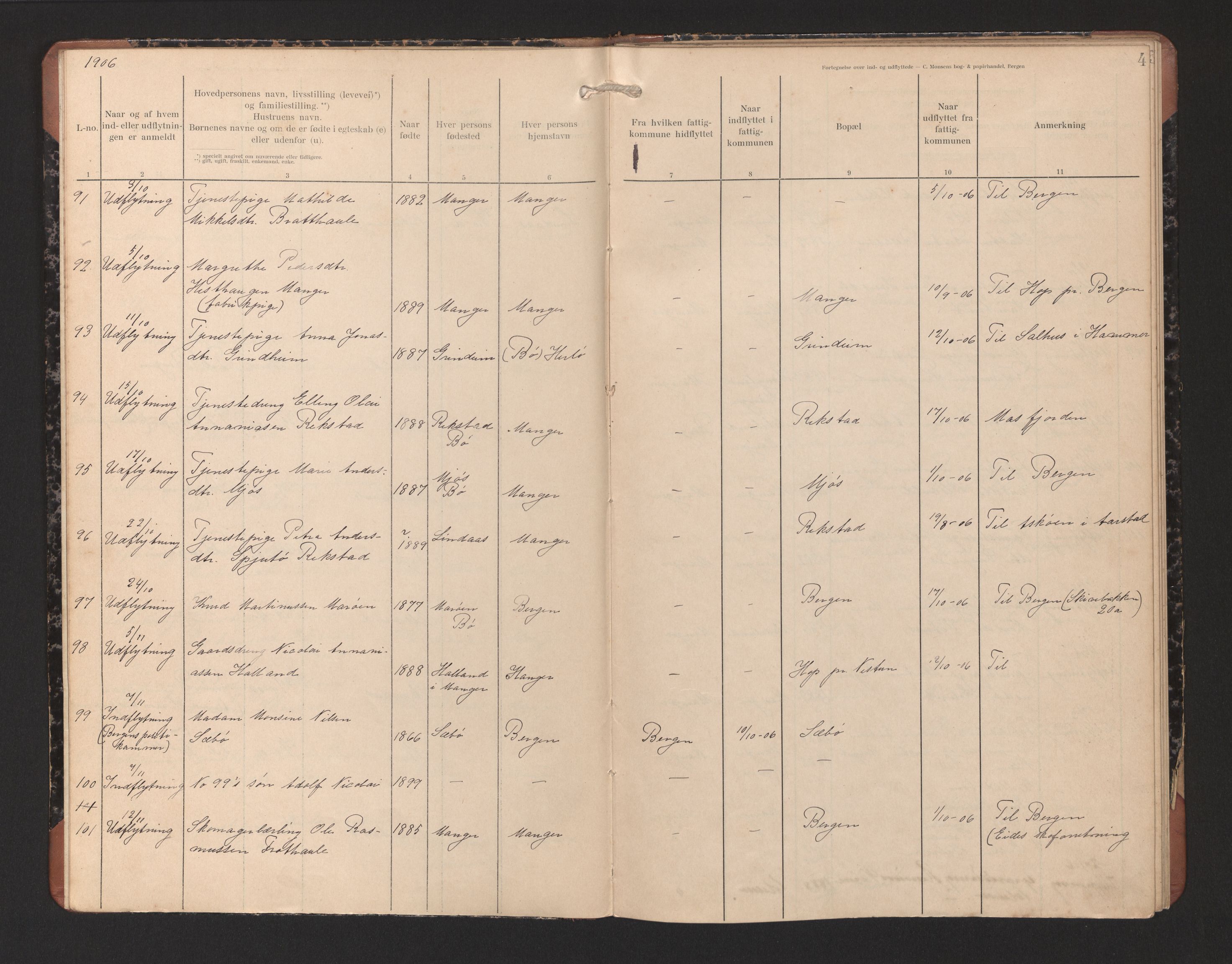 Lensmannen i Manger, SAB/A-33701/0020/L0002: Protokoll over inn- og utflytte, 1906-1911, p. 4