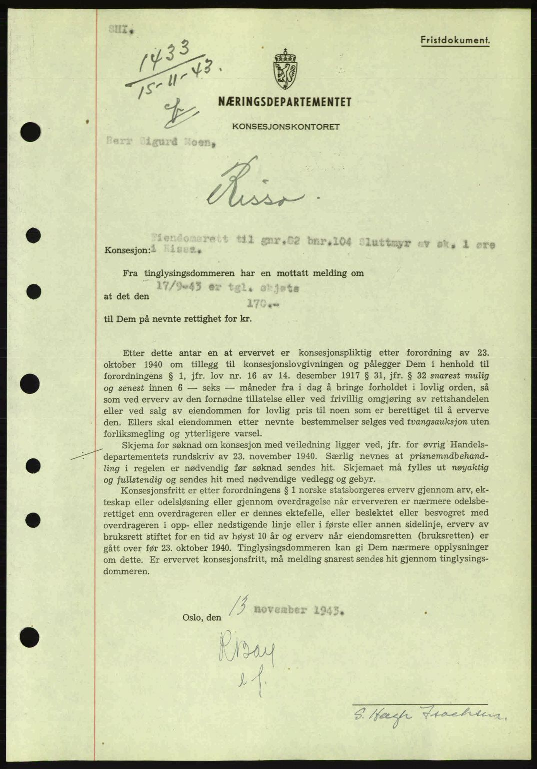 Fosen sorenskriveri, AV/SAT-A-1107/1/2/2C: Mortgage book no. B1, 1943-1945, Diary no: : 1433/1943