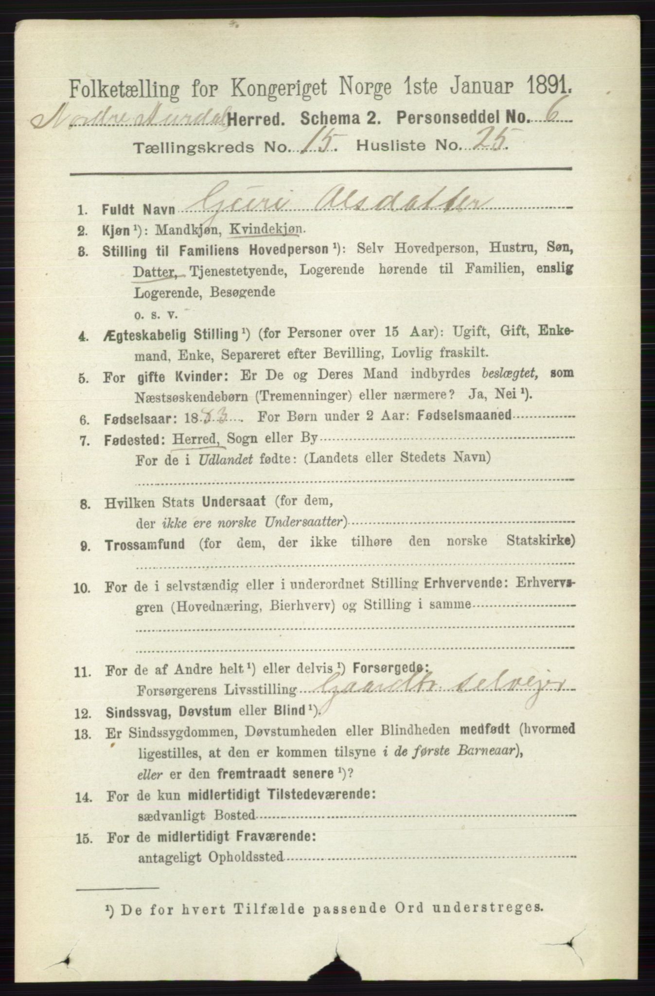 RA, 1891 census for 0542 Nord-Aurdal, 1891, p. 5873