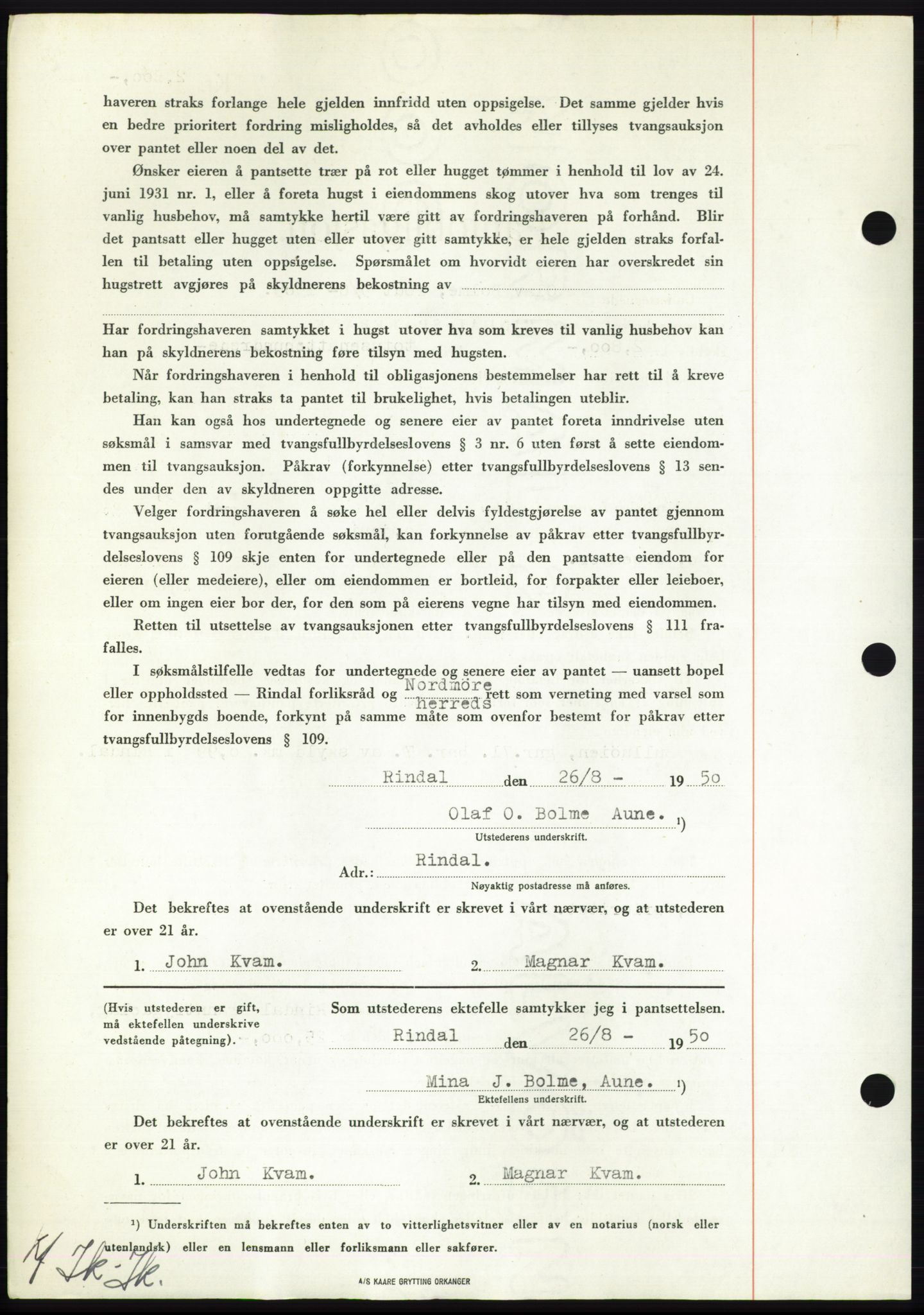 Nordmøre sorenskriveri, AV/SAT-A-4132/1/2/2Ca: Mortgage book no. B106, 1950-1950, Diary no: : 3700/1950