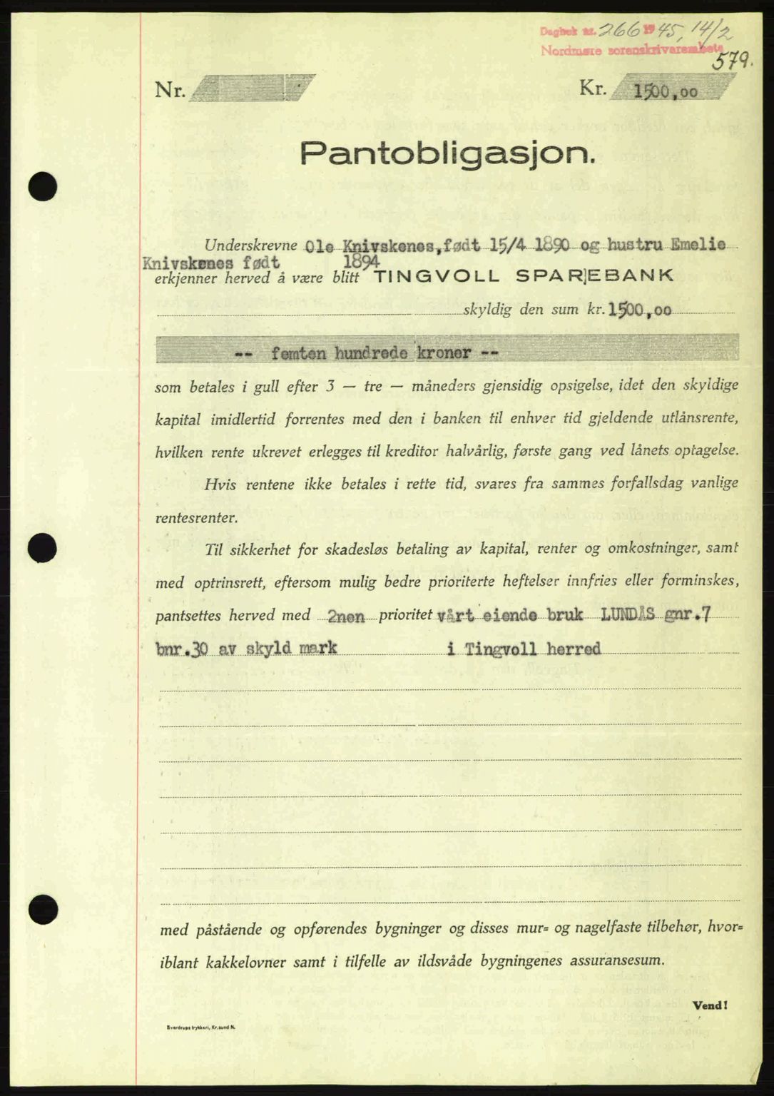 Nordmøre sorenskriveri, AV/SAT-A-4132/1/2/2Ca: Mortgage book no. B92, 1944-1945, Diary no: : 266/1945